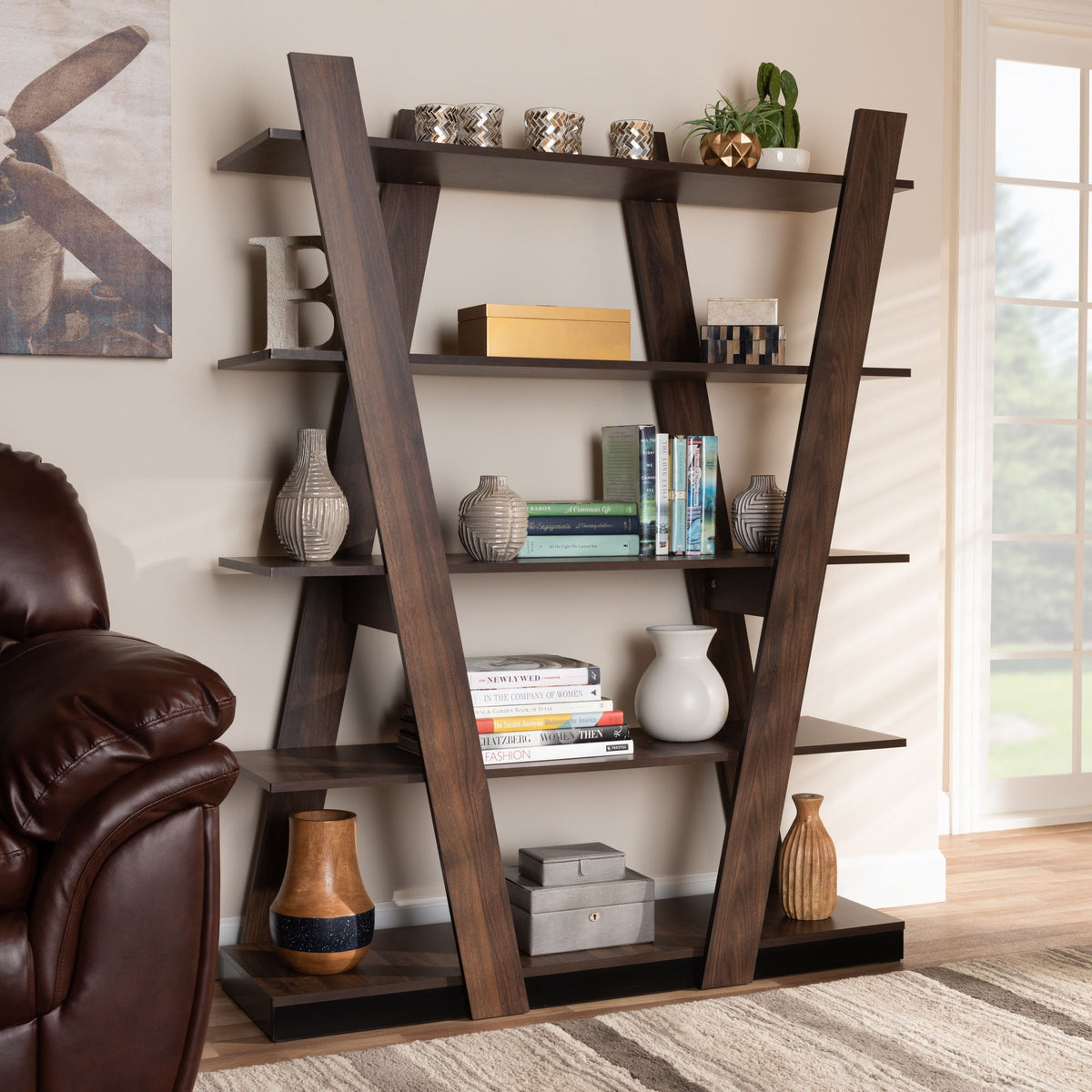 Michio Modern and Contemporary Walnut Brown Finished 5-Tier Wood Geometric Living Room Display Shelf