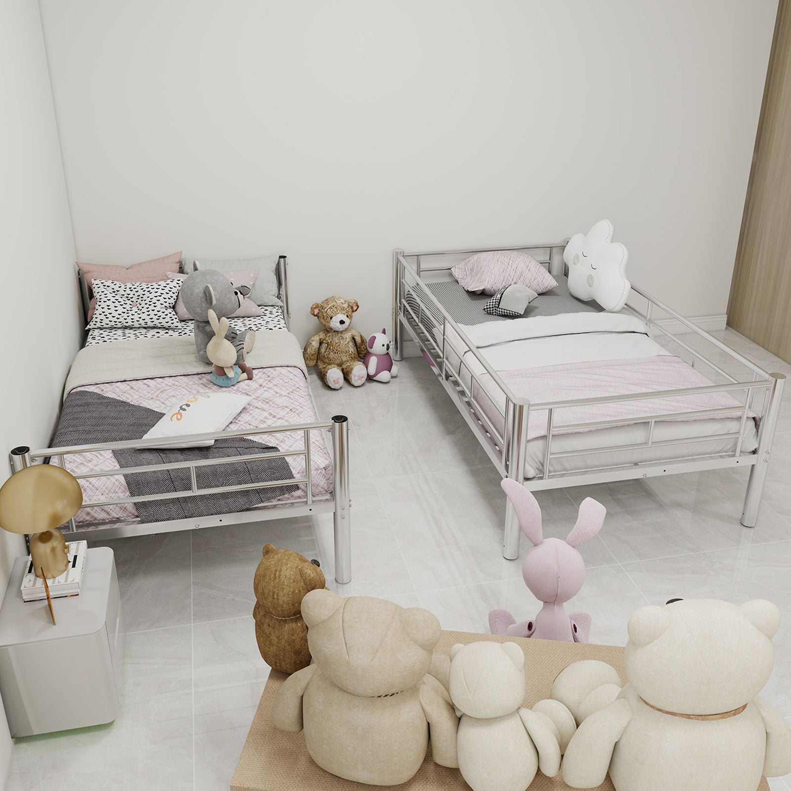 Metal Bunk Bed For Kids, Convertible Bedframe With Ladders & Guardrail