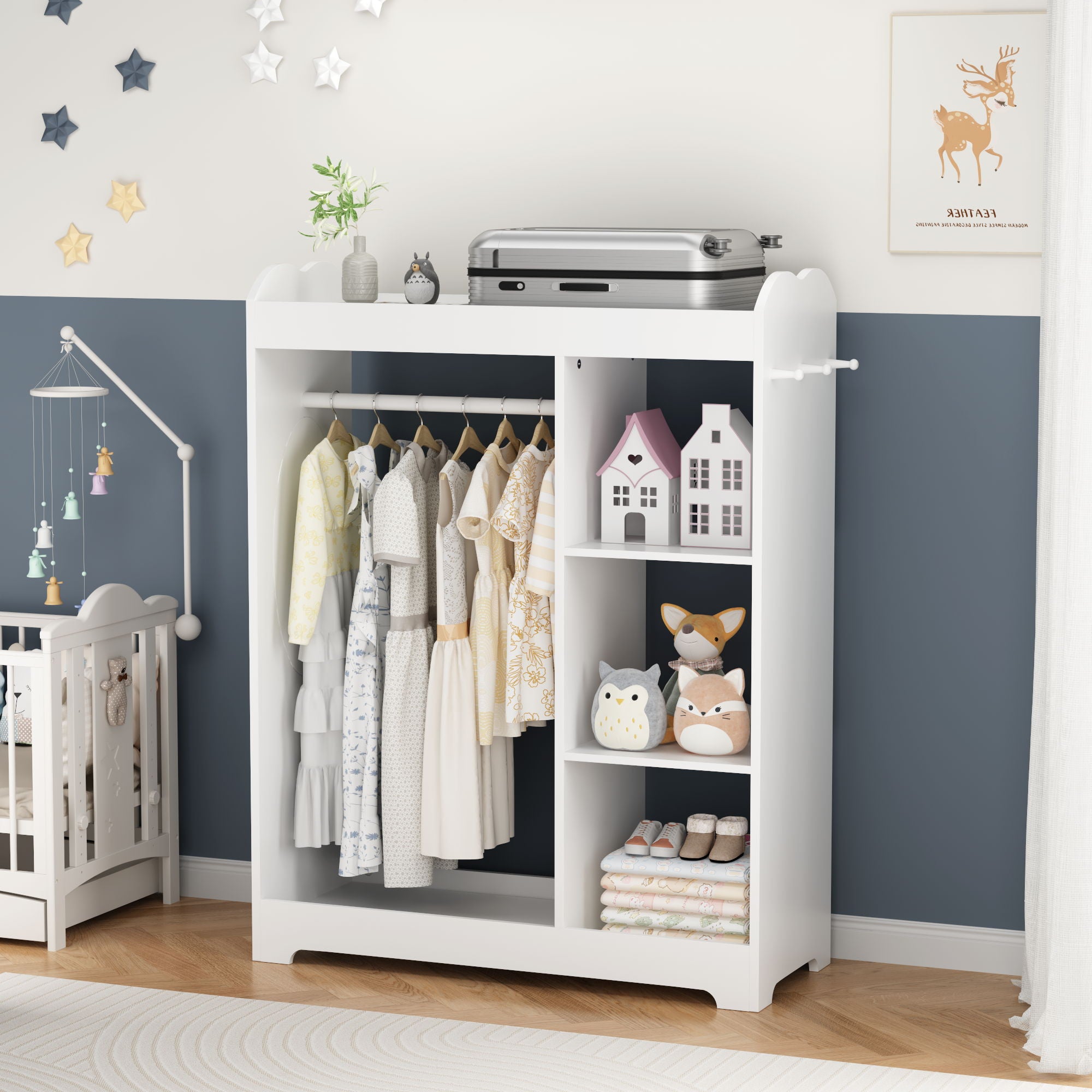 Dress Up Storage With Mirror And Hooks, Clothes Rack With Hanging Rod, 3 Side Hooks, Open Shelves, Top Shelf Organizer - White