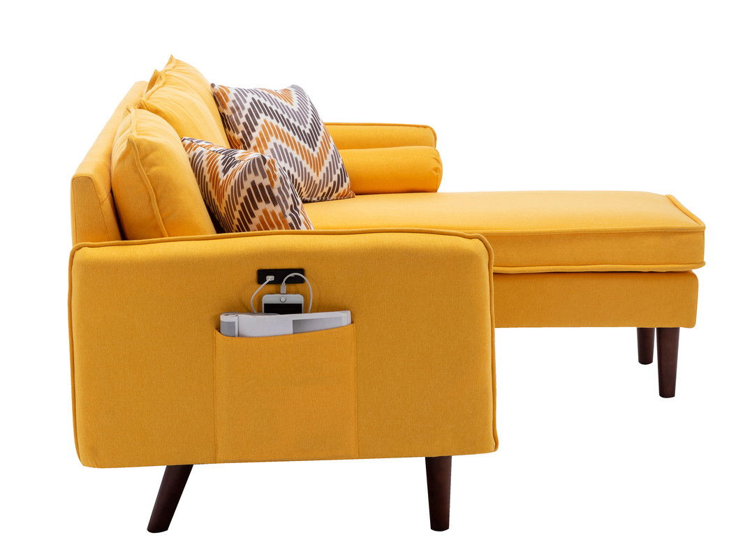 Mia 70"W Yellow Sectional Sofa Chaise with USB Charger & Pillows