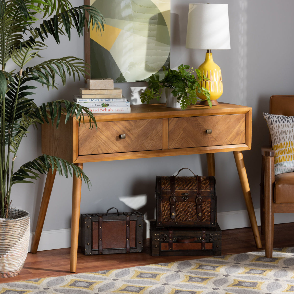 Mae Mid-Century Modern Natural Brown Finished Wood 2-Drawer Console Table