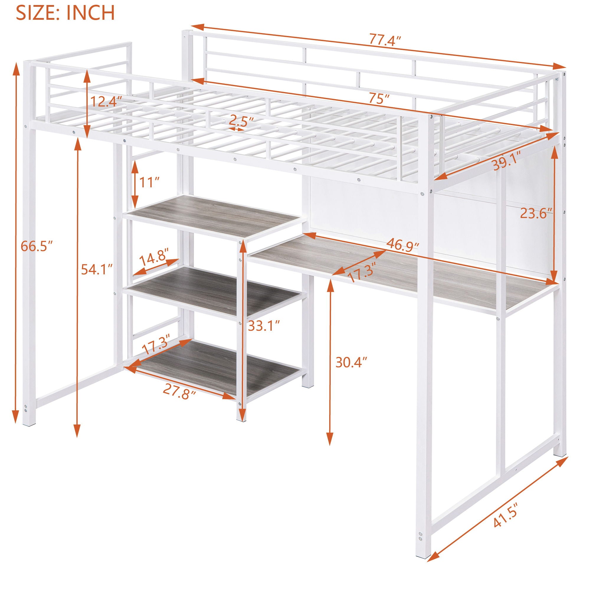 Metal Loft Bed With Desk, 3 Shelves And Ladder