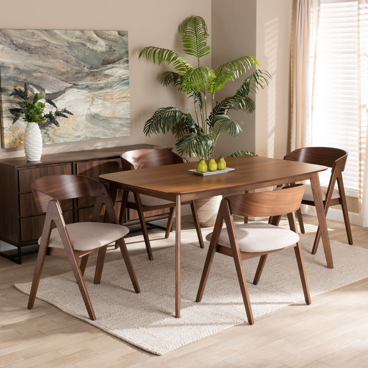 Danton Mid-Century Modern Beige Fabric Upholstered and Walnut Brown Finished Wood 5-Piece Dining Set