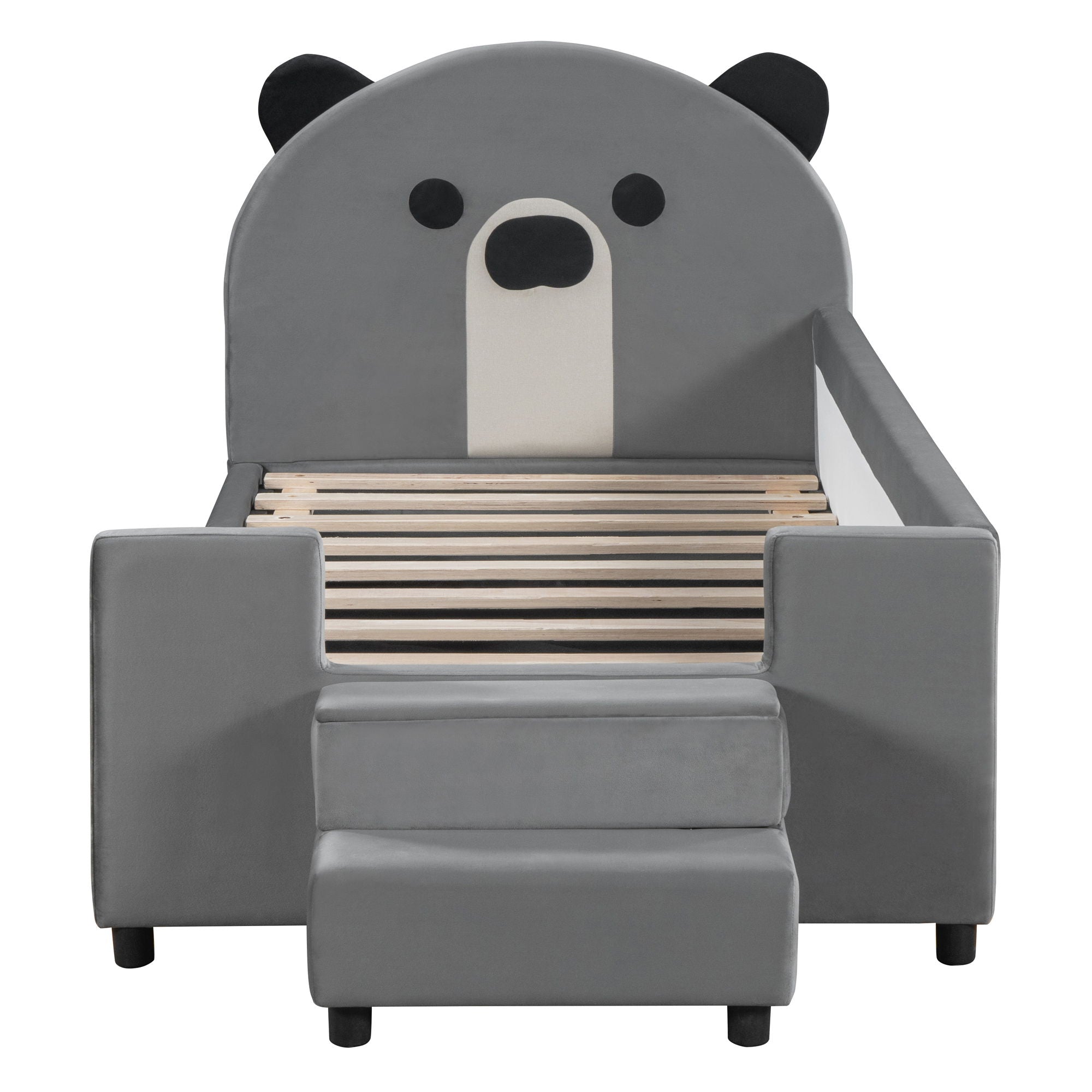 Upholstered Daybed With Bear Shaped Headboard, Hydraulic System And Breathable Mesh Fence