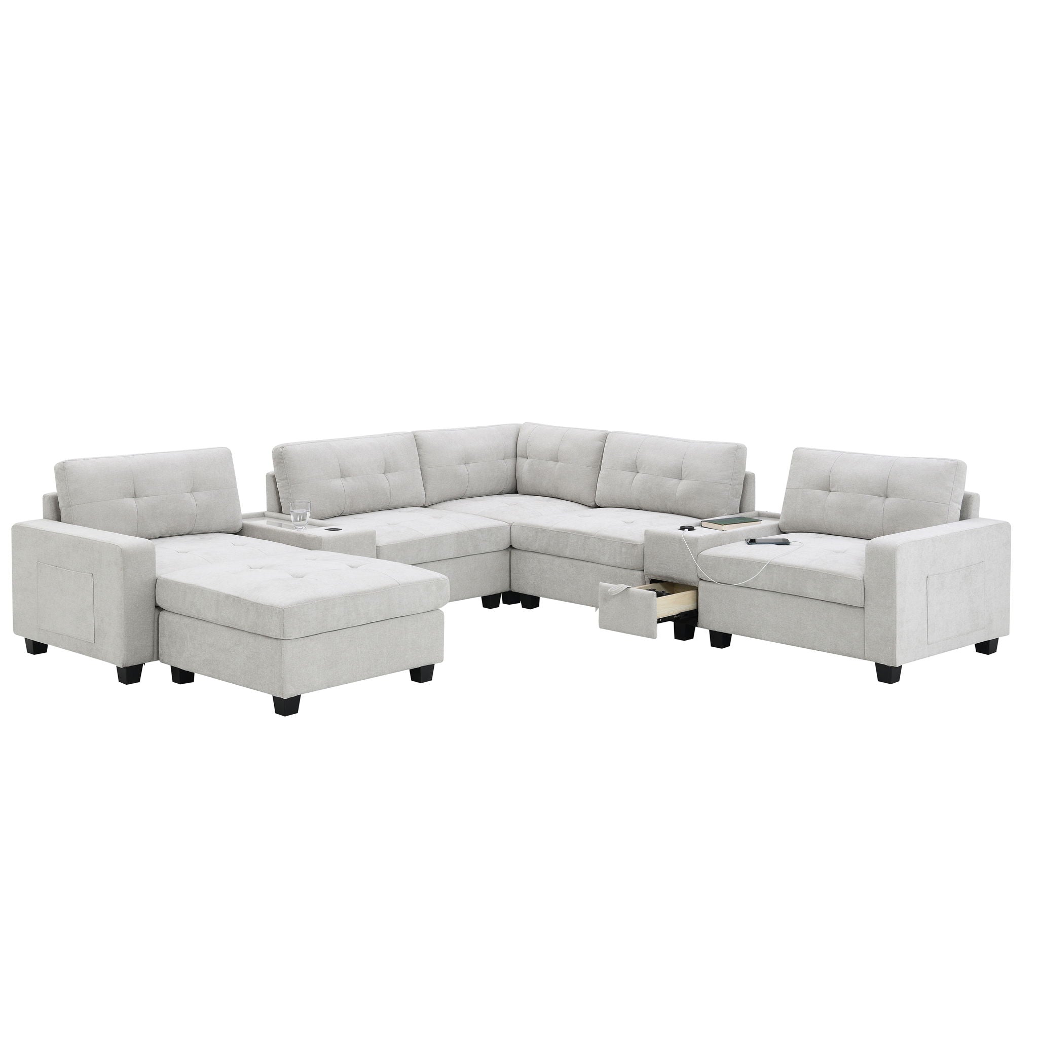 Sectional With Acrylic Table Top U Shaped Couch Set With 2 Consoles USB Charger, Storage Drawers And Pockets Movable Ottoman Tufted Sofa