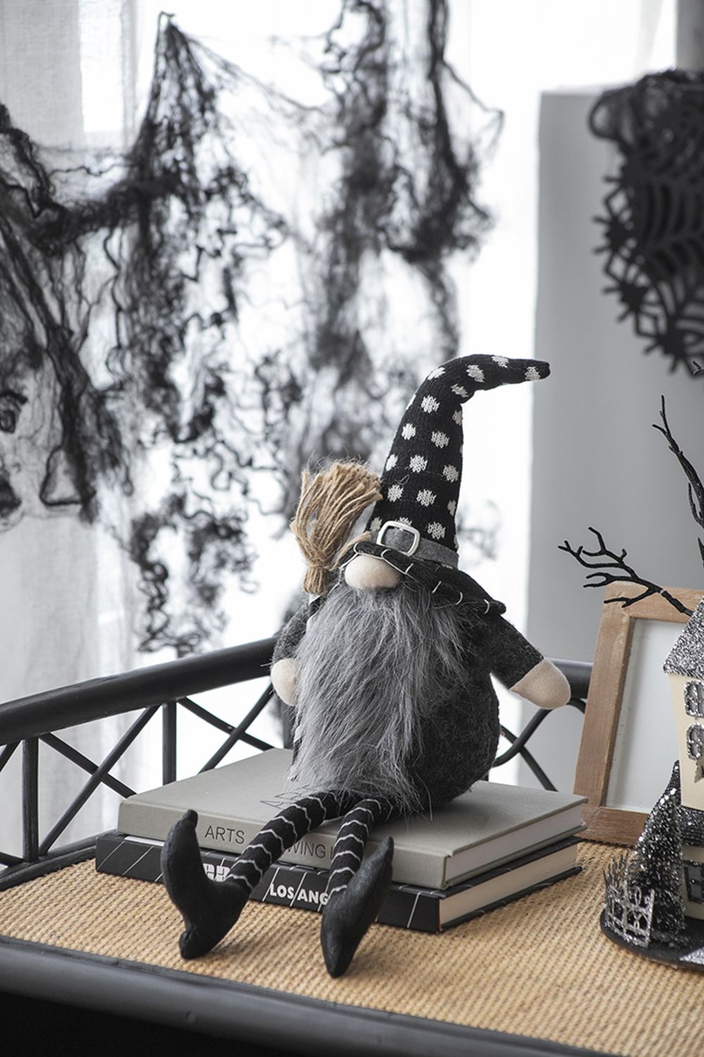 Sitting Gnome With Broomstick & Soft Legs, For Halloween Decor - Black White
