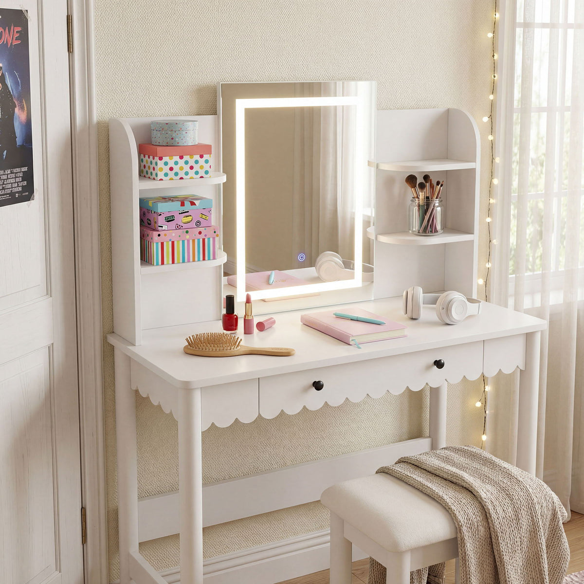 Emmeline Scalloped Makeup Vanity Desk With LED Mirror and Stool by Modway
