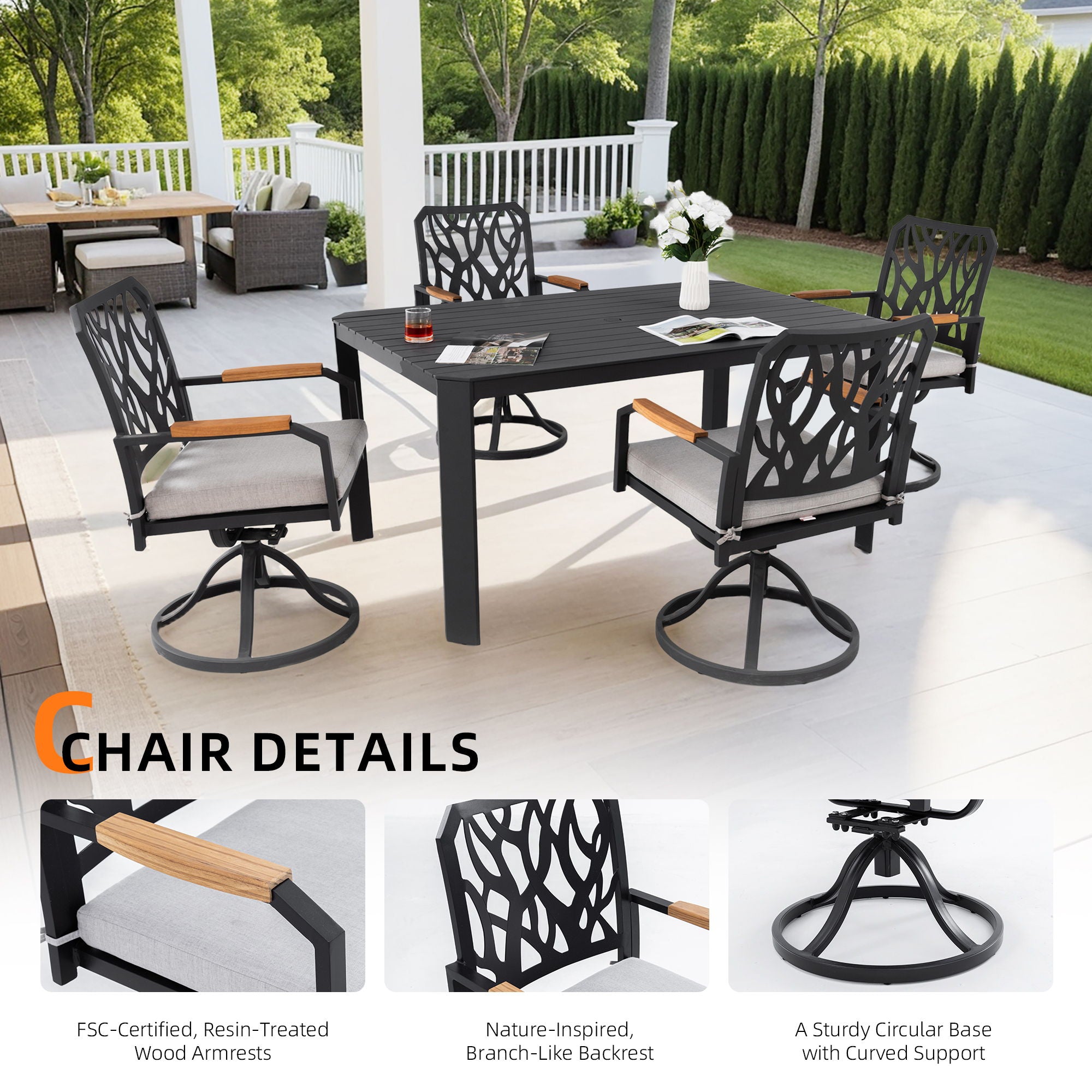 Outdoor Patio Furniture Dining Set With Sunbrella Fabric, Rectangular Table With Umbrella Hole