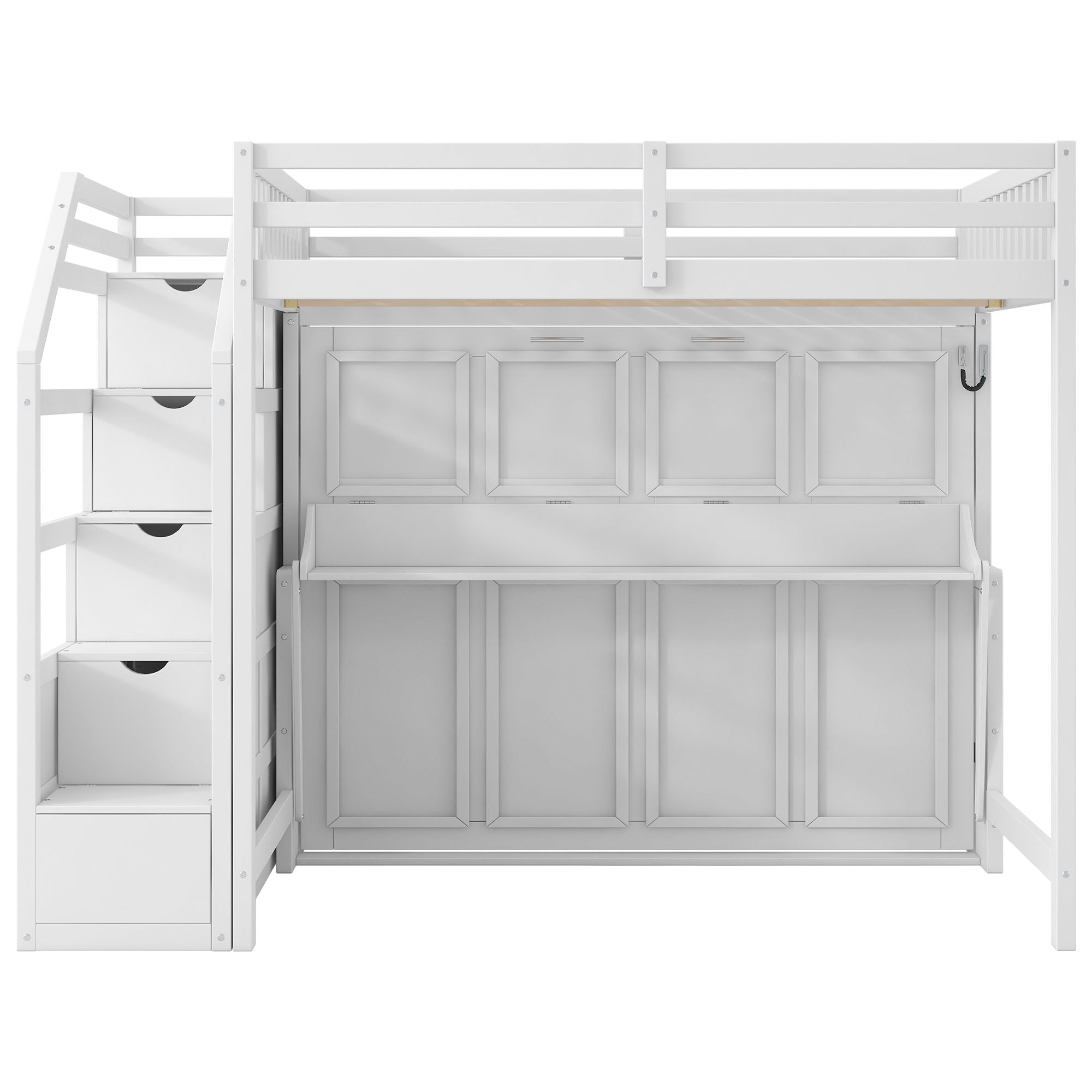 Full Long Loft Bed With Storage Staircase, Murphy Bed, LED Light - White
