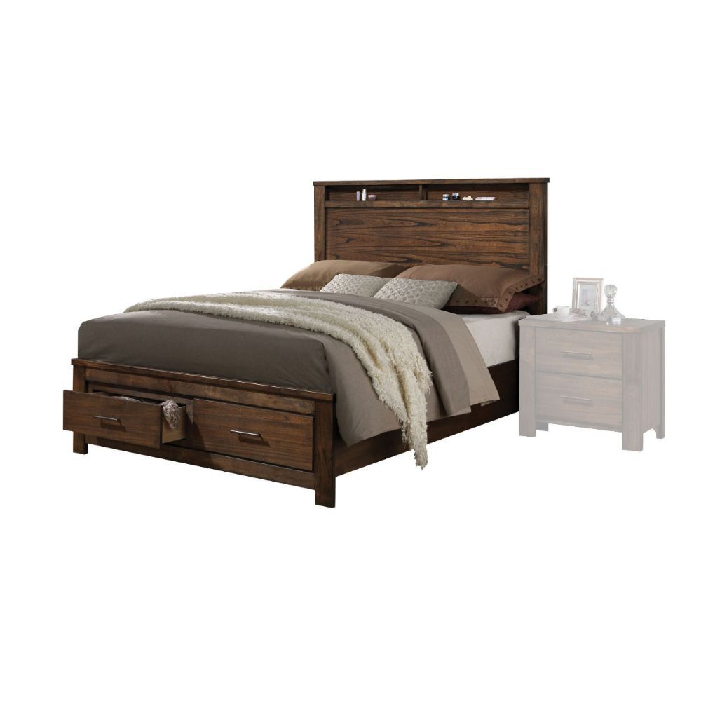 ACME The Merrilee bedroom collection features spacious storage headboard and footboard. The pieces are nicely matched with oak finish coating and antique brass metal hardware, offering a warm and stylish relaxing environment. | Meri Furniture