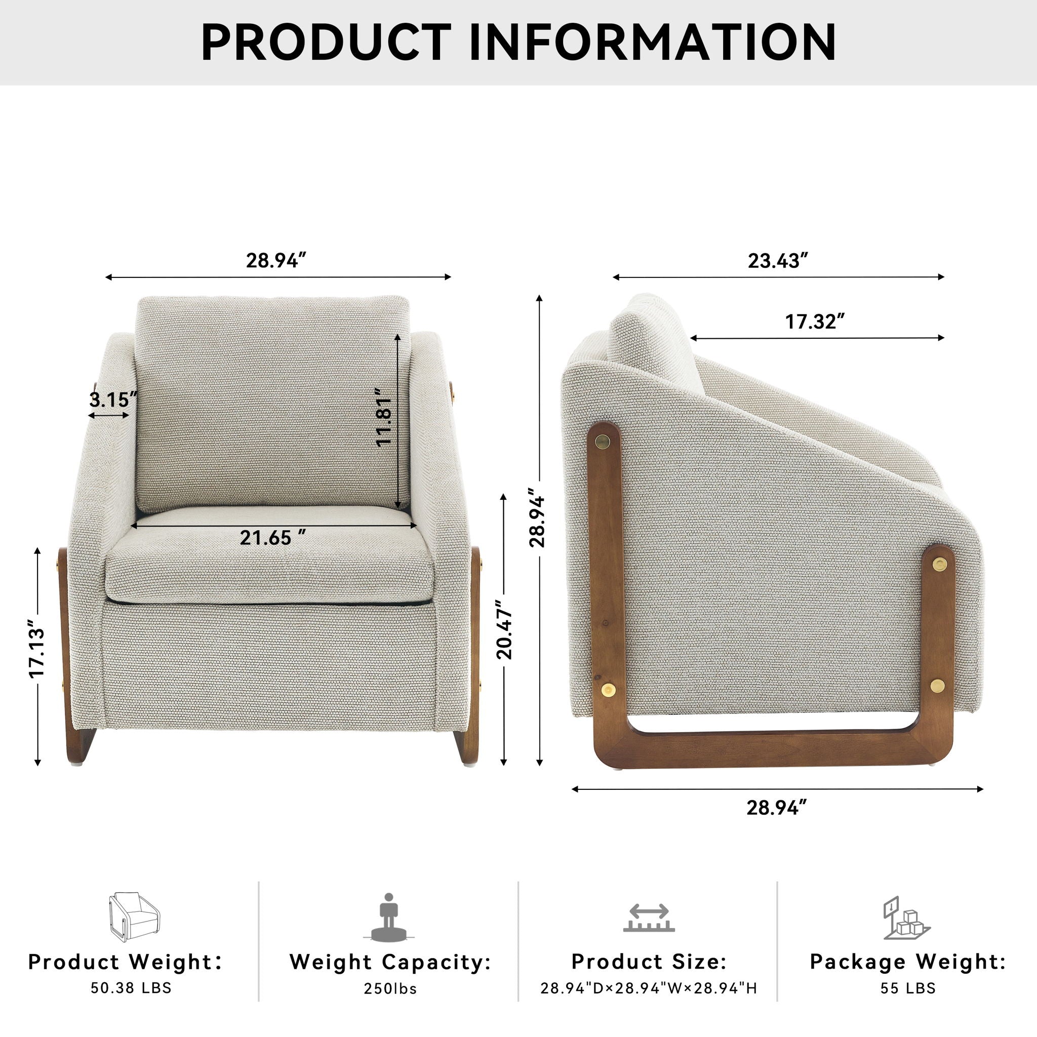 Modern Chenille Upholstered Armchair With Wooden Side Frame