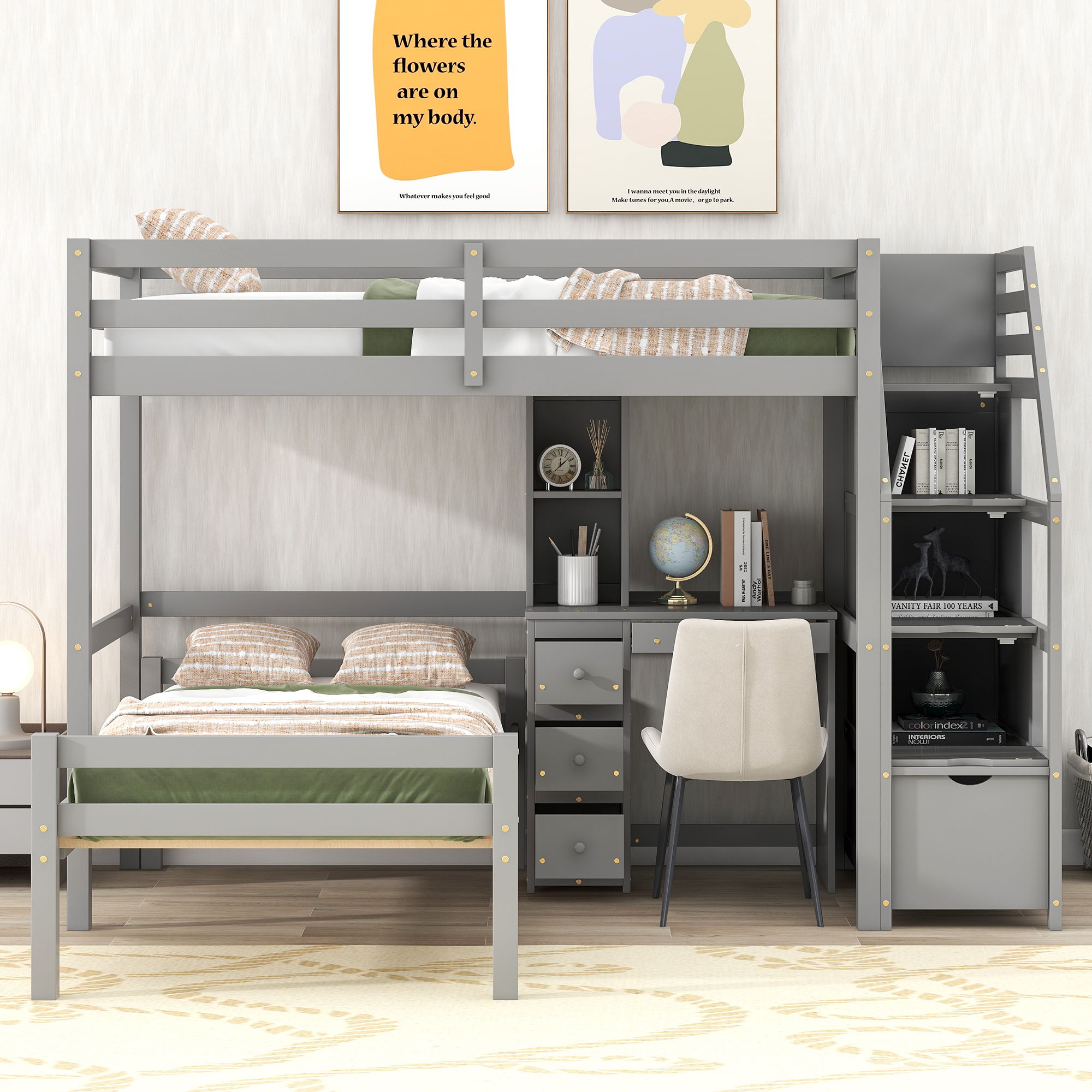 Loft Bed With Stand Alone Bed, Storage Staircase, Desk, Shelves, And Drawers
