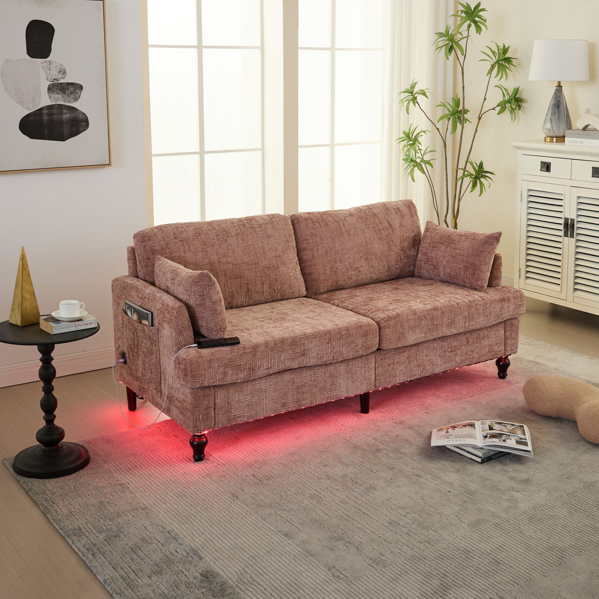 Chenille 2 Seater Sofa With LED Light, USB Charging Port, And Storage Bag