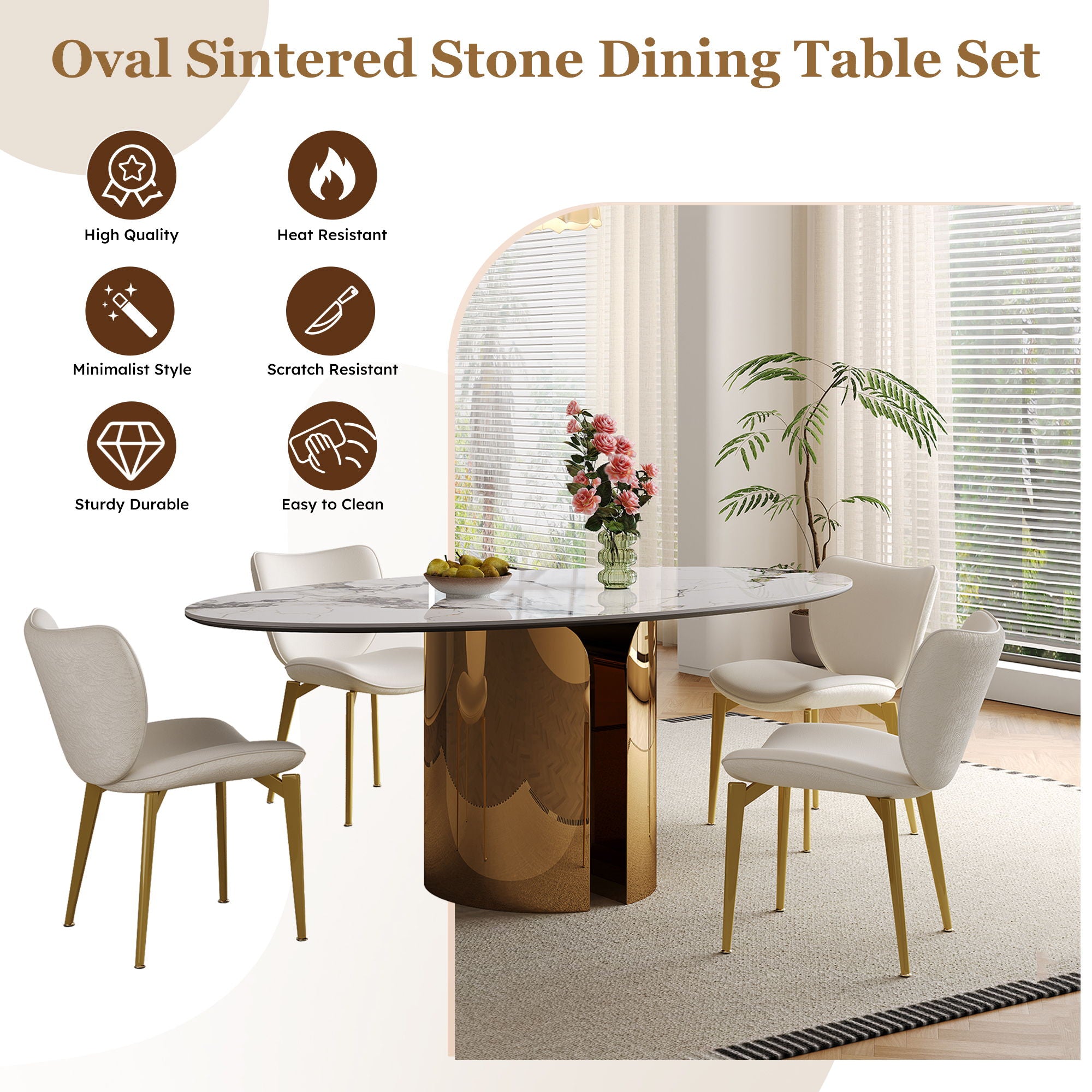 Steel Base Oval Sintered Stone Dining Table With 4 Chairs