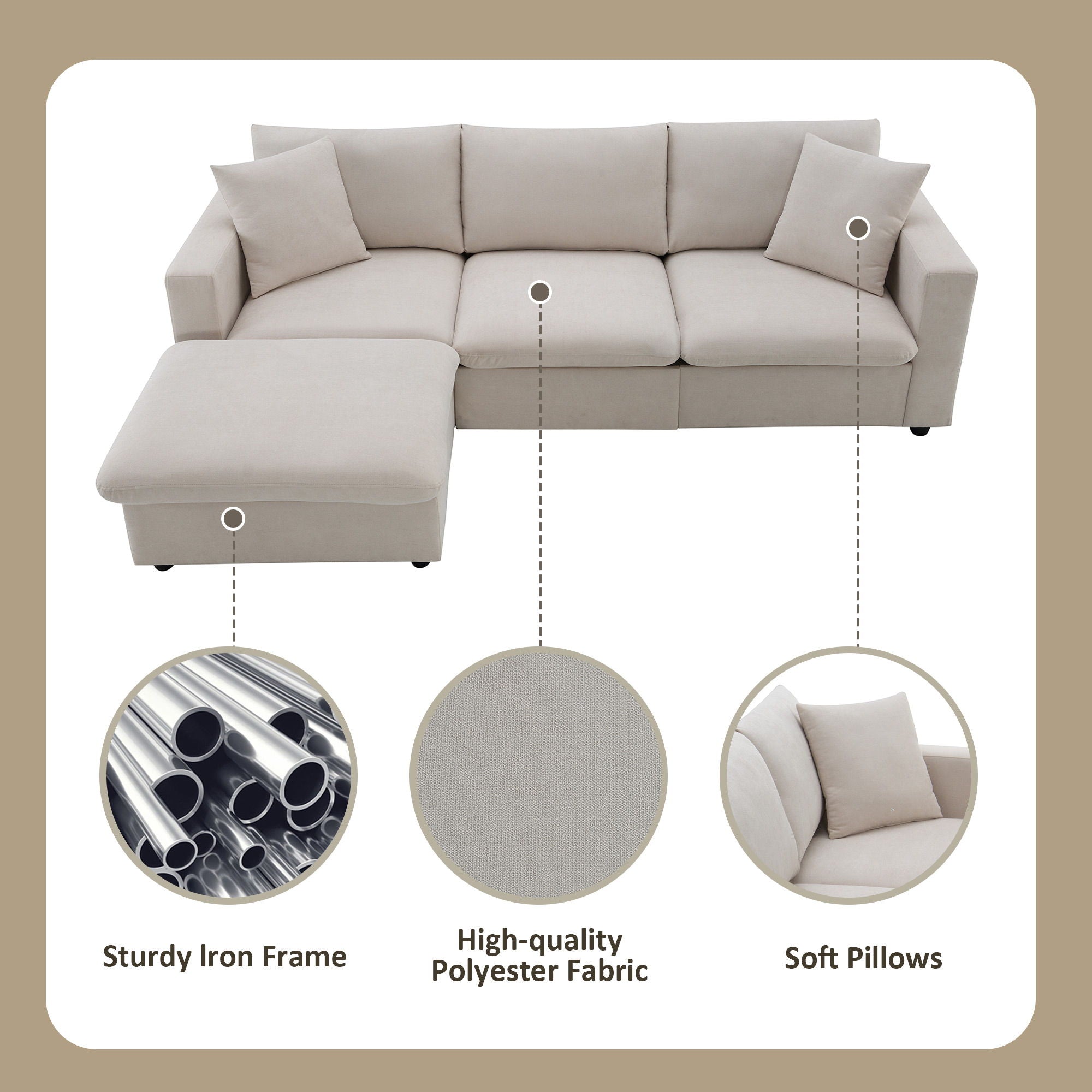Modern Sectional Sofa With Throw Pillows, Cloud L Shaped Couch Set With Wide 4 Seat Comfy Couch Set With Movable Ottoman