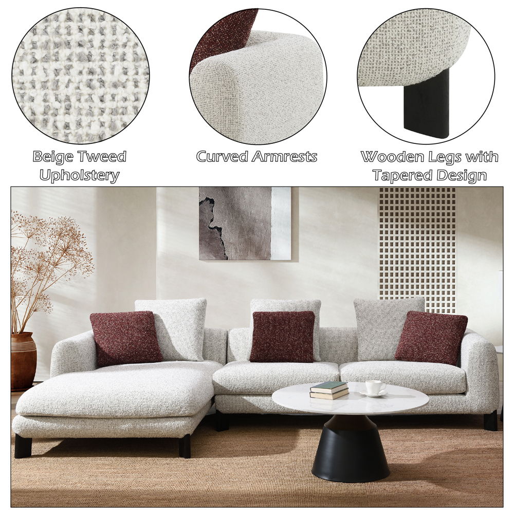 Mardi - Sectional Sofa With 6 Pillows - Maroon & Beige Tweed