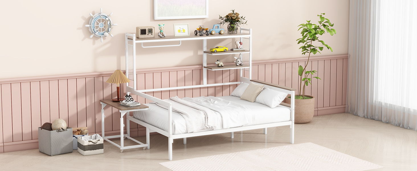 Daybed With Movable Desk, Grid, Shelves And Clothes Hanger