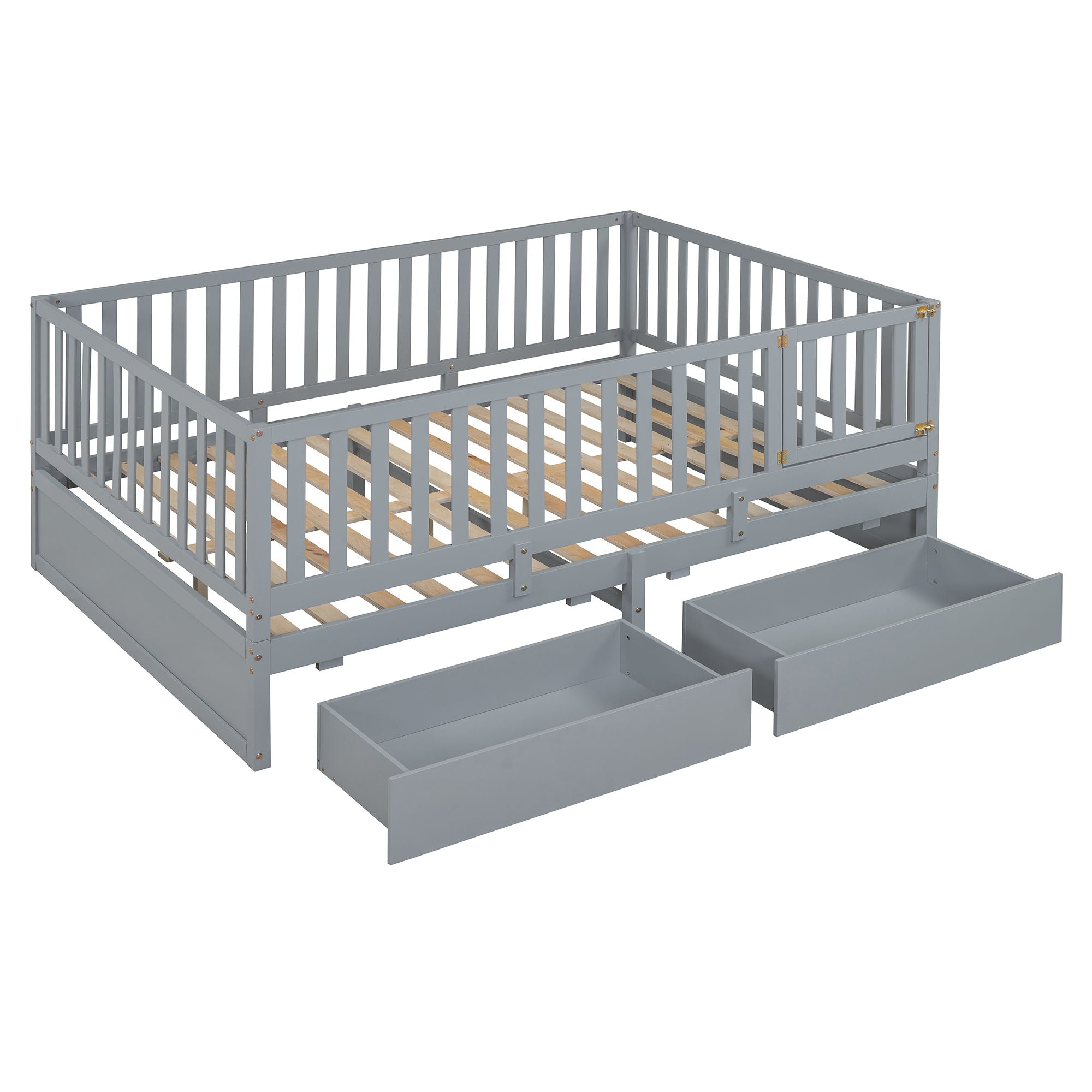 Daybed With Fence Guardrails And 2 Drawers, Split Into Independent Floor Bed & Daybed