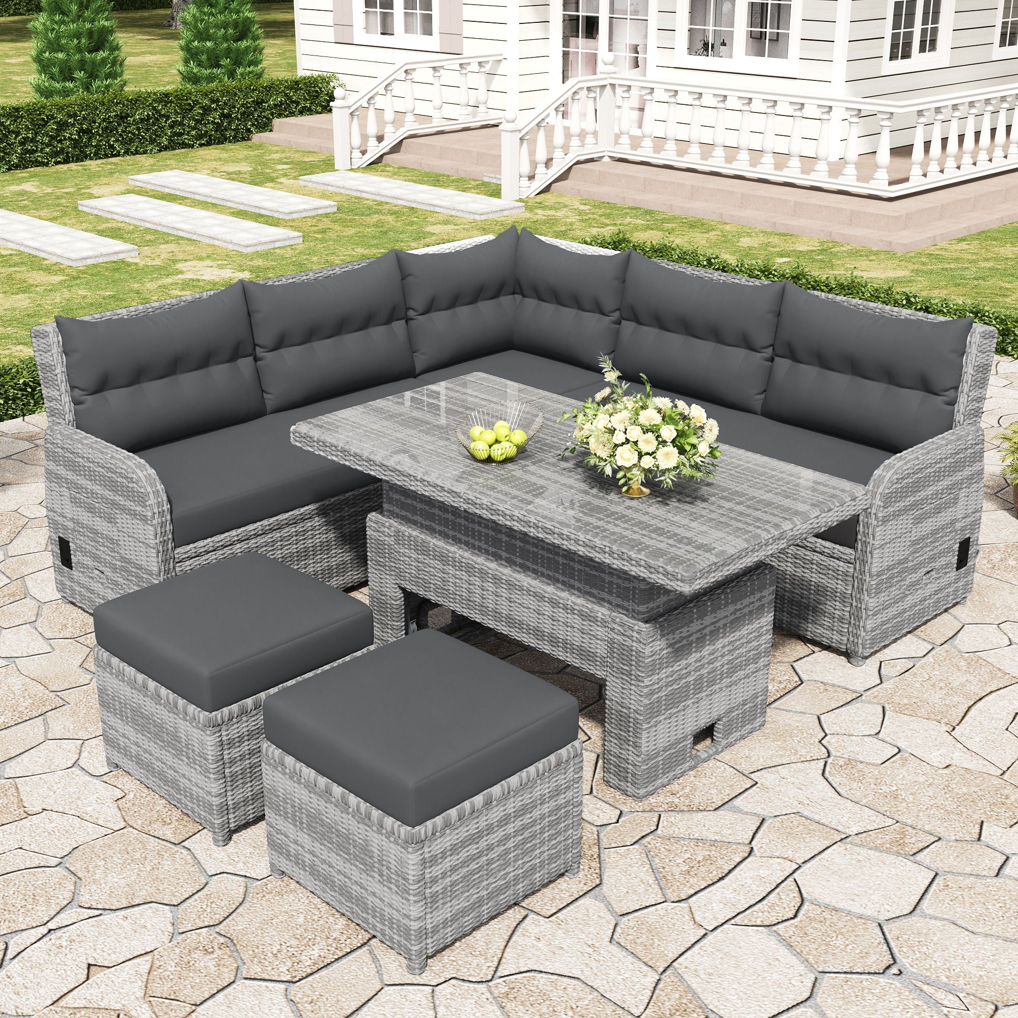 Outdoor Furniture Set Patio Rattan Furniture Set With Adjustable Table, Recliners With Extendable Side Tables And 2 Ottomans