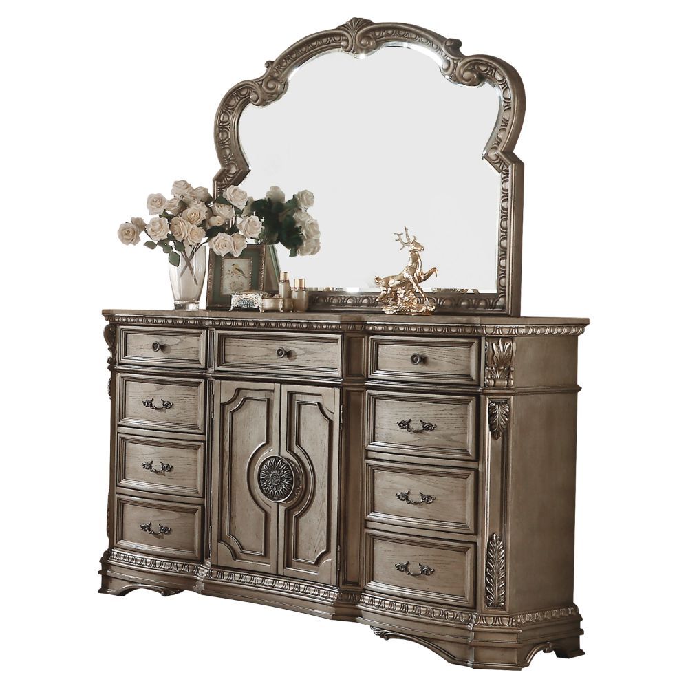 ACME Shaped Top • 9 Drw & 2 Wooden Doors with 1 Shelf Inside (Recessed Front Panels). | Meri Furniture