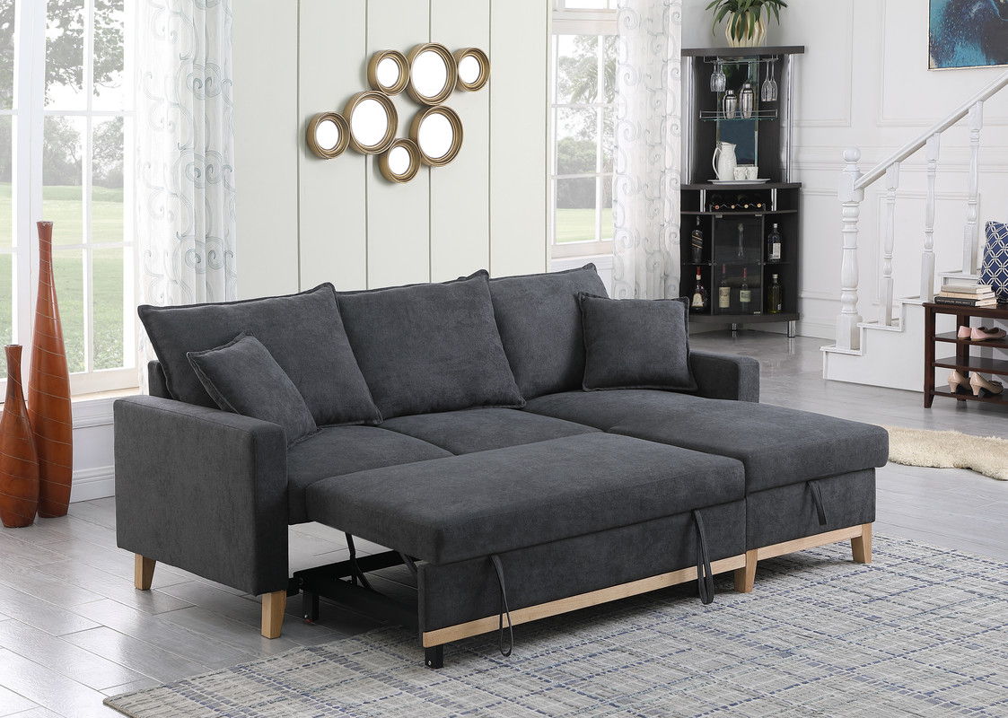 Colton 84.25"W Dark Gray Woven Reversible Sleeper Sectional Sofa with Storage Chaise