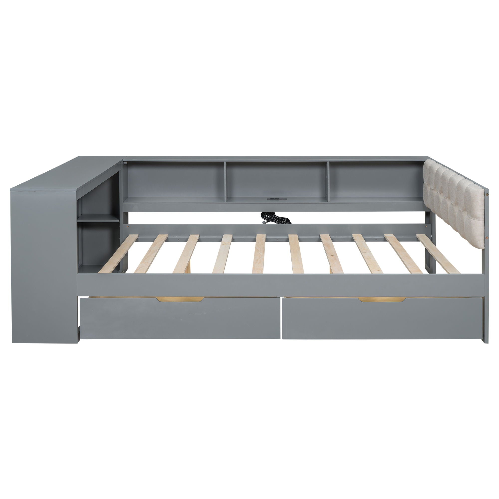 Upholstered Headboard Platform Bed With Storage Shelves, Drawers, Charging Station