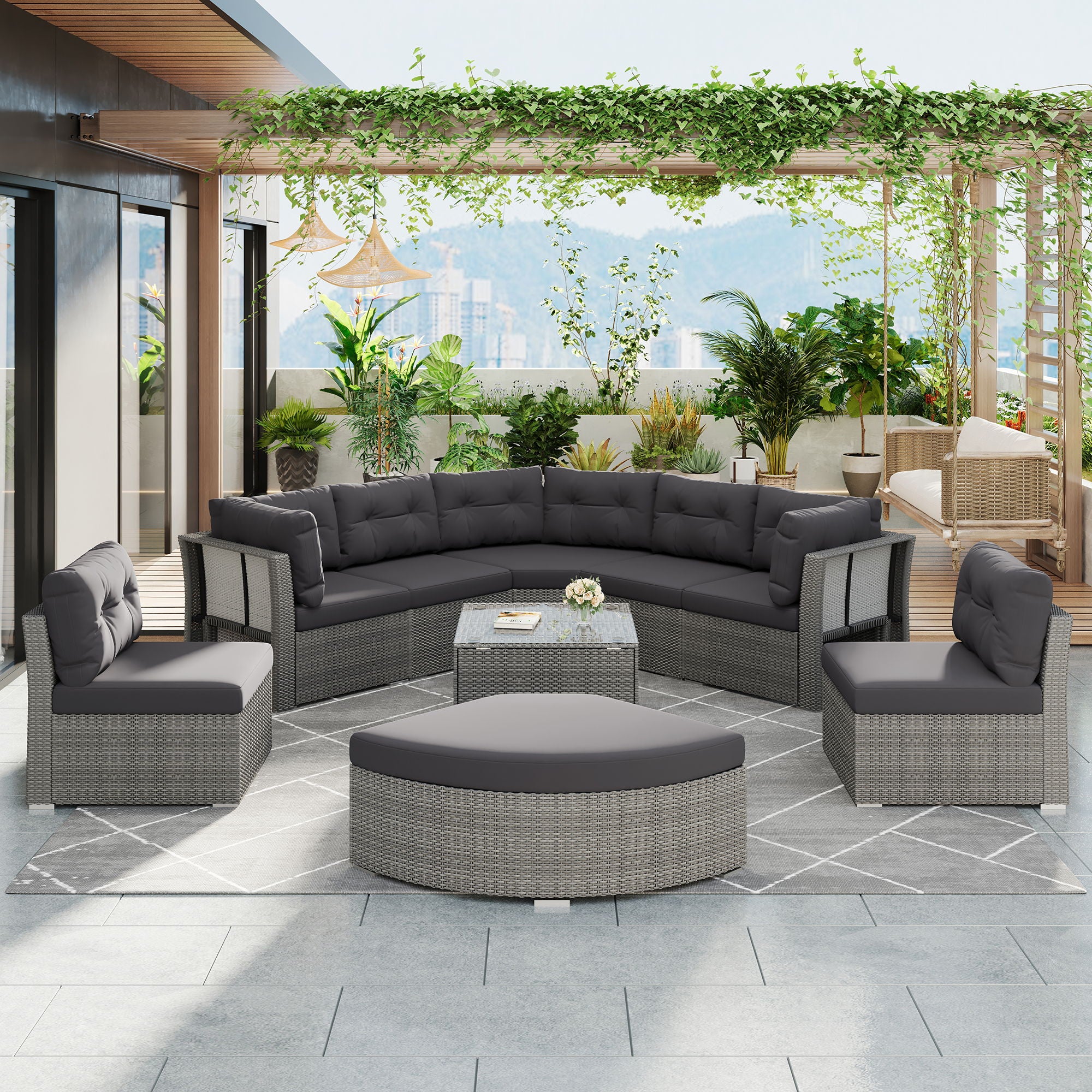 Elegant Patio Furniture Set Outdoor Daybed Rattan Sectional With Cushions And Center Table - Gray
