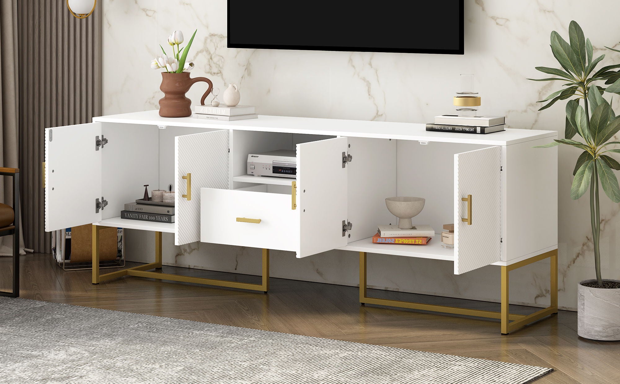 TV Cabinet With 1 Drawer, 2 Cabinets, Handles And Anti-Tip Device