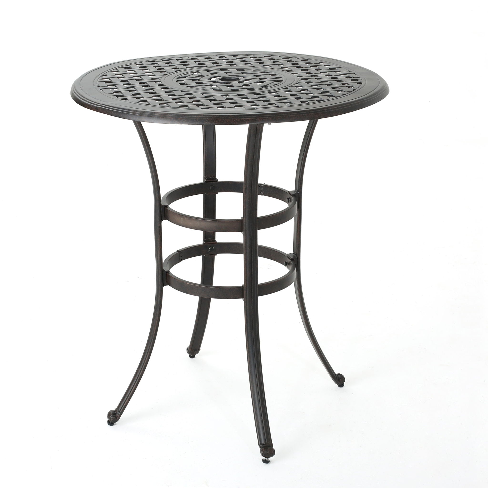 Traditional Style Cast Aluminum Bar Table With Lattice Design And Umbrella Holder - Bronze