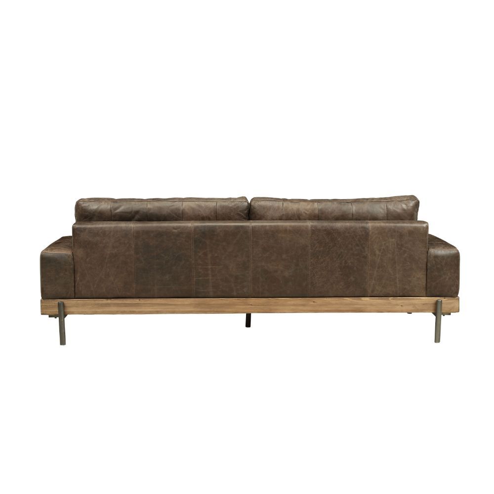 ACME Silchester - Sofa - Oak & Distress Chocolate Top Grain Leather | Meri Furniture