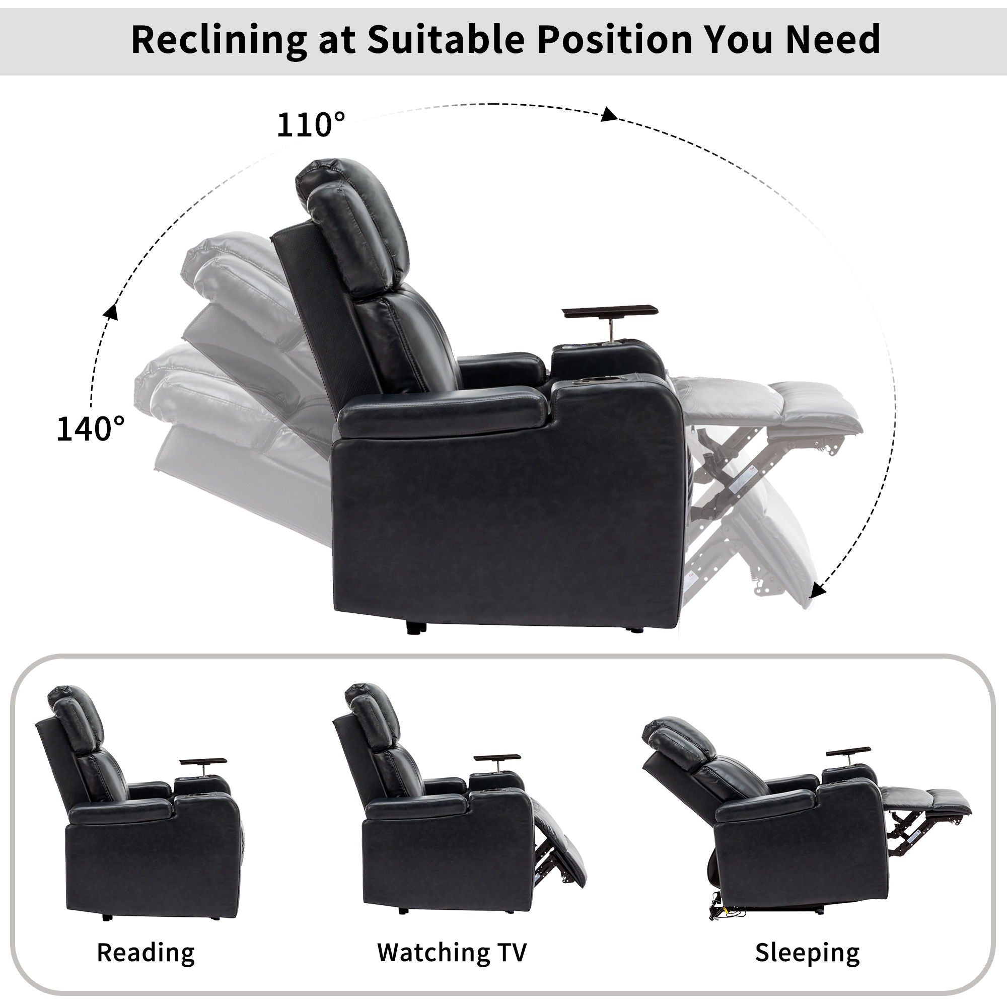 Power Recliner Theater Chair With Cooling Cup Holder, Bluetooth Speaker, LED Lights, USB Ports
