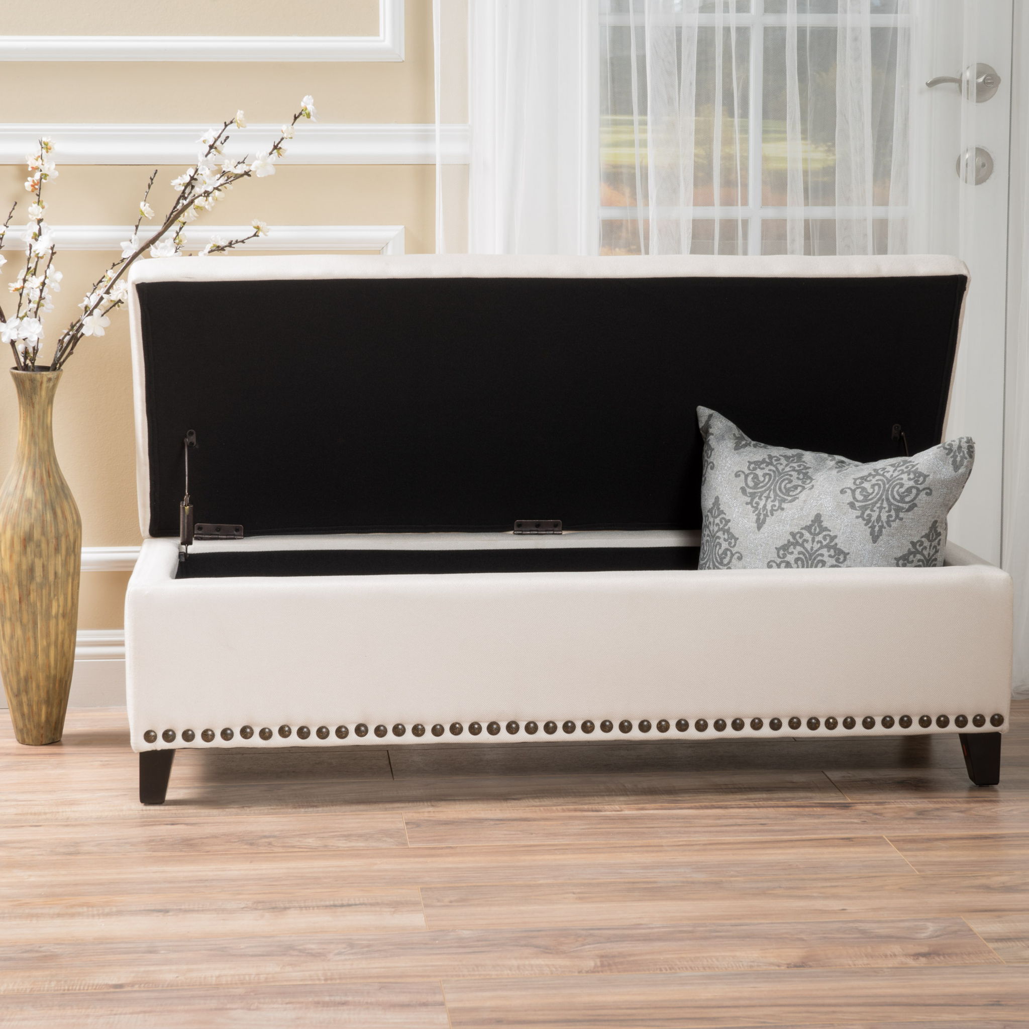 Upholstered Storage Ottoman With Nailhead Trim - Beige