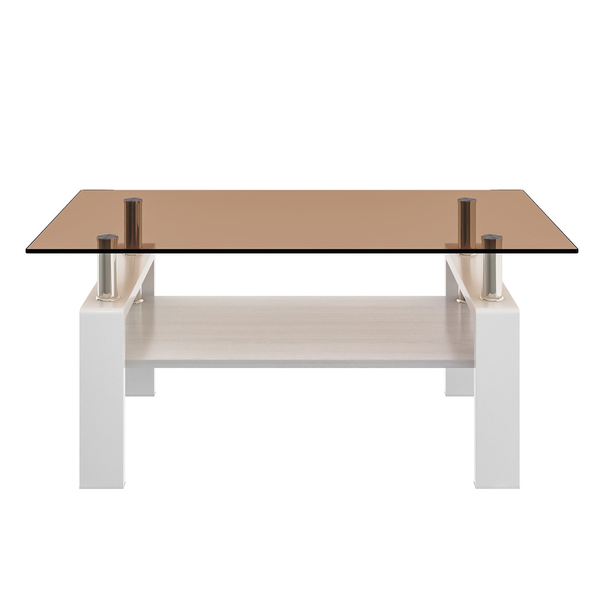 Modern Rectangular Coffee Table With Tempered Transparent Glass Top And Storage Shelf