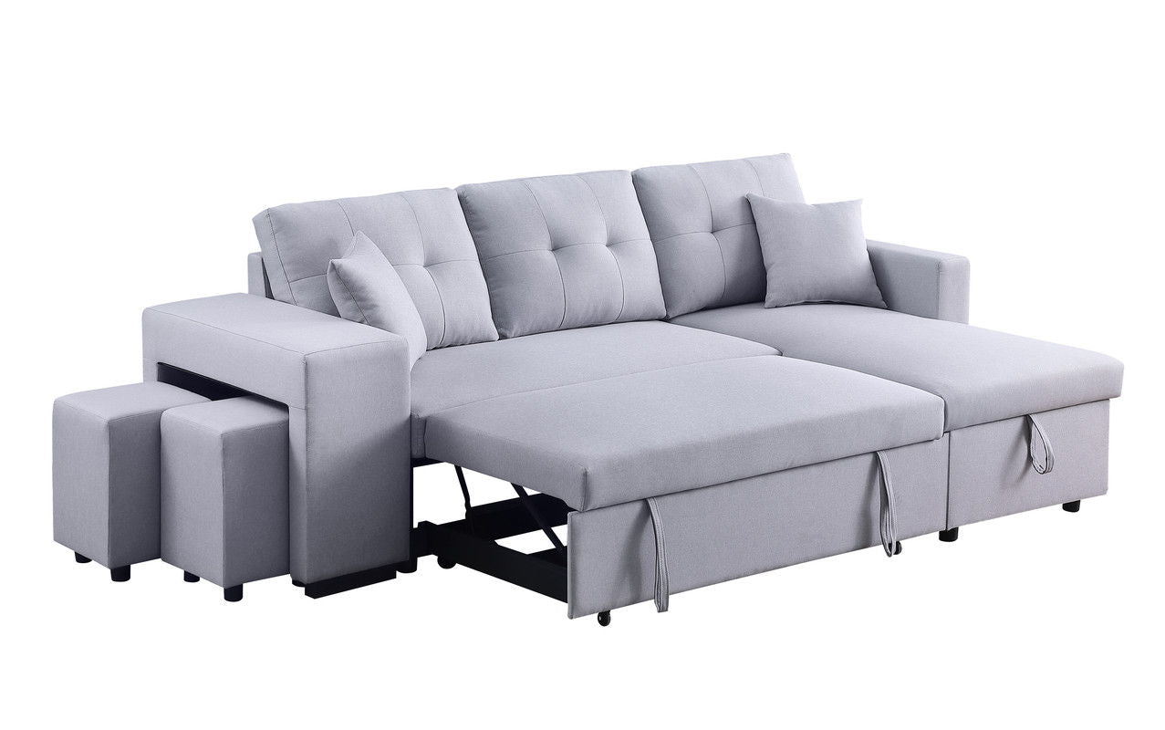 Dennis 93"W Light Gray Linen Fabric Reversible Sleeper Sectional with Storage Chaise and 2 Stools