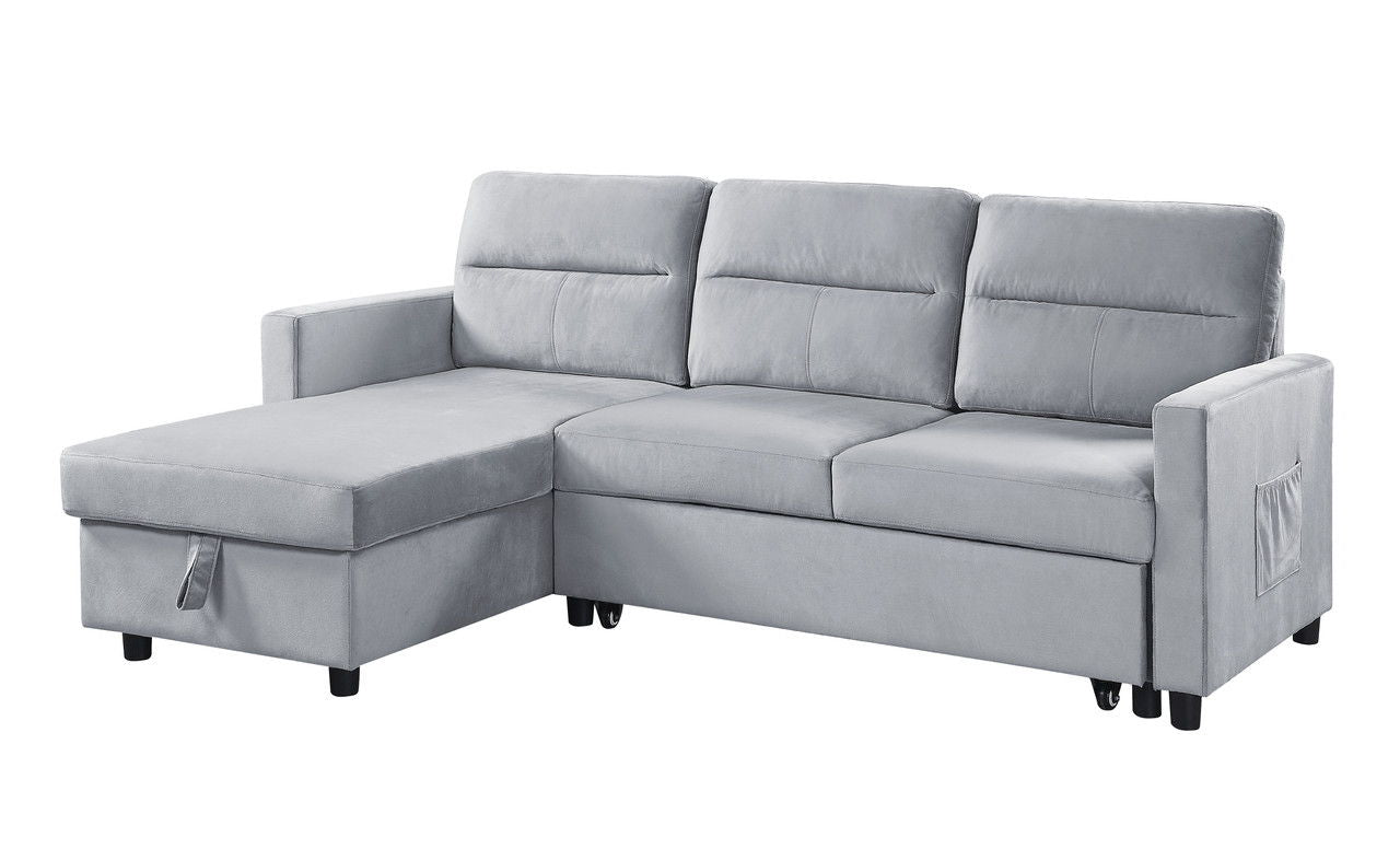 Ivy 81.5"W Light Gray Velvet Reversible Sleeper Sectional Sofa with Storage Chaise and Side Pocket