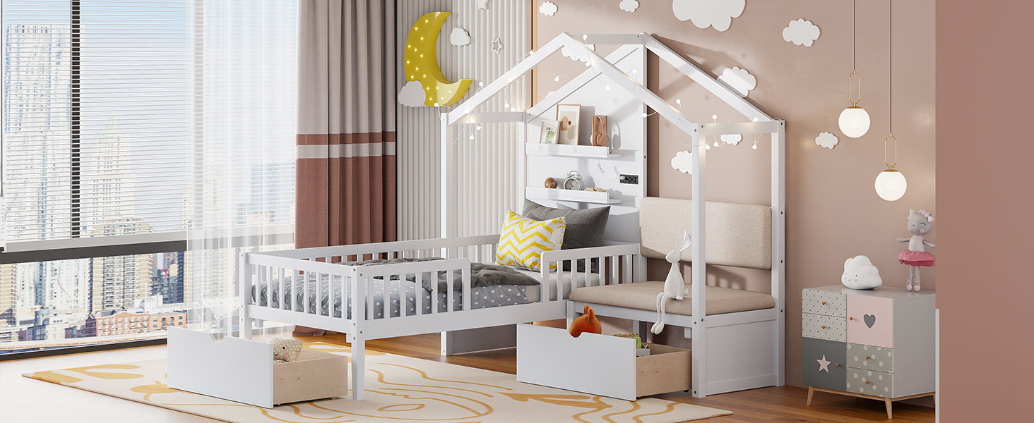 House Bed With Upholstered Sofa, Wireless Charging Station, Shelves And 2 Drawers