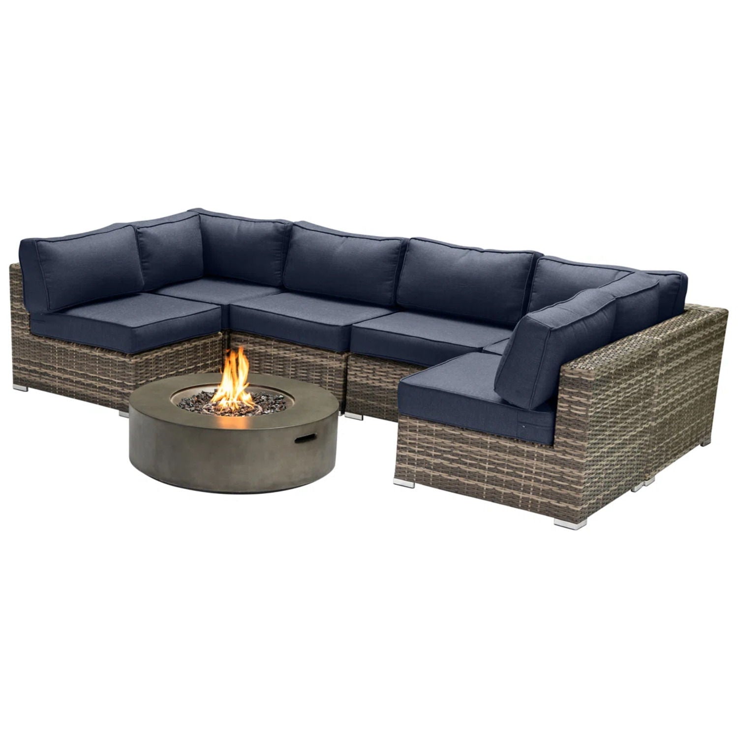Outdoor 7 Piece Sectional Seating Group With Cushions And Fire Pit - Gray / Navy