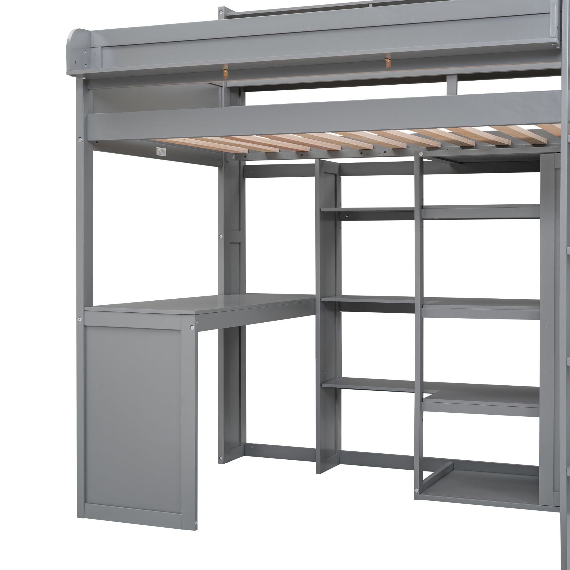 Loft Bed With Built In Desk, Storage Shelves, And Wardrobe