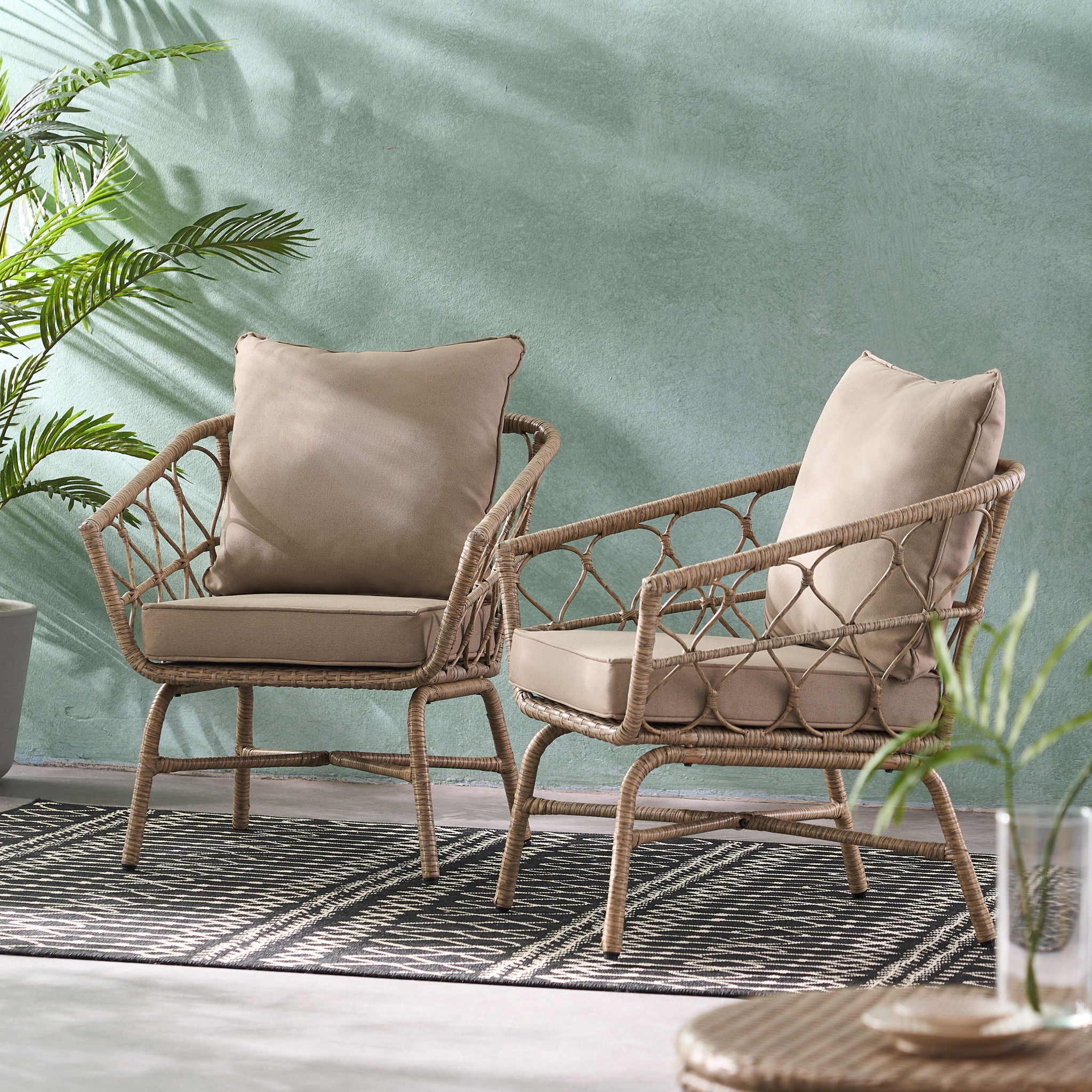 Bruce - Outdoor Club Chair Set With Water Resistant Cushions Rattan And Iron - Brown