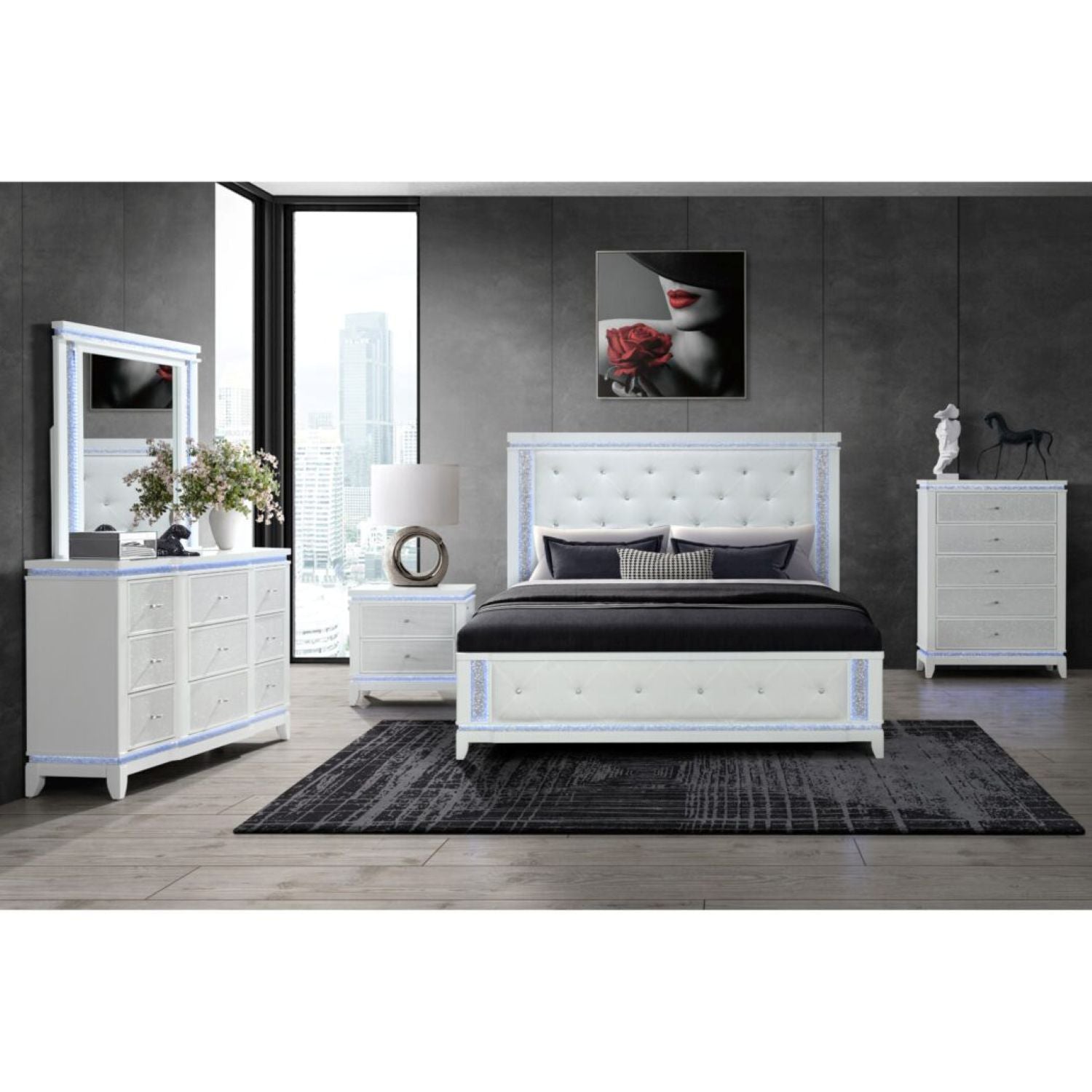 Adalid - Nightstand With Glittered Drawer Front And LED Lighting - White