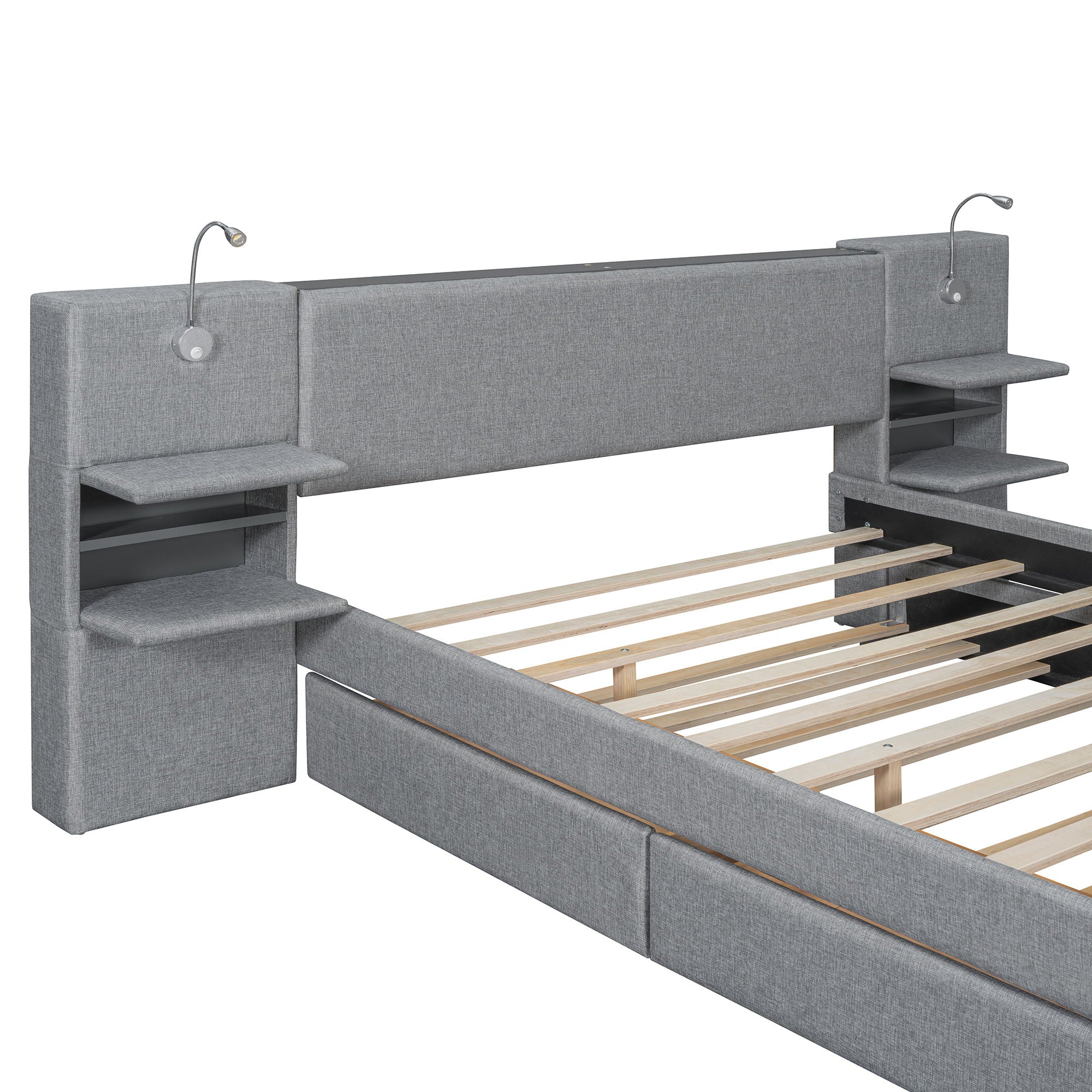 Upholstered Platform Bed With Reading Lights, Drawers, Trundle And Shelves