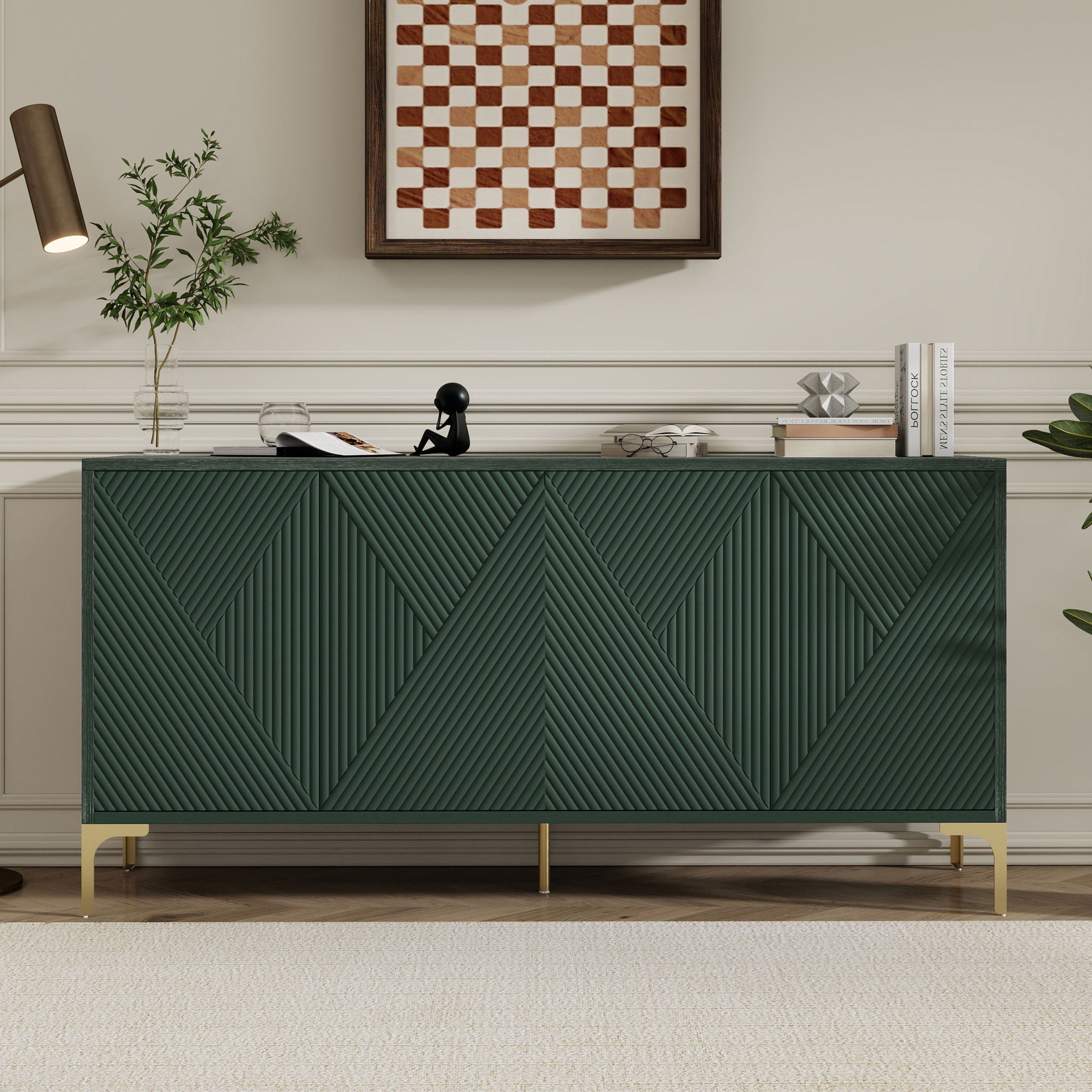 Modern Wood Sideboard Cabinet With Carved Door Panels, Adjustable Shelves, And Sturdy Metal Legs