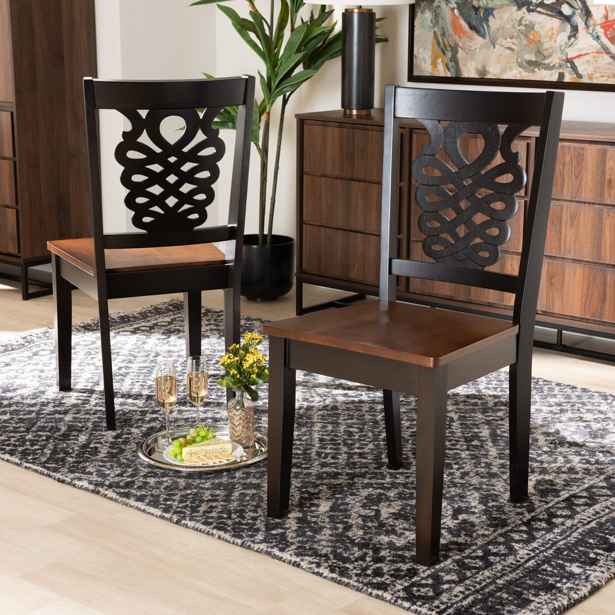 Gervais Modern and Contemporary Transitional Two-Tone Dark Brown and Walnut Brown Finished Wood 2-Piece Dining Chair Set