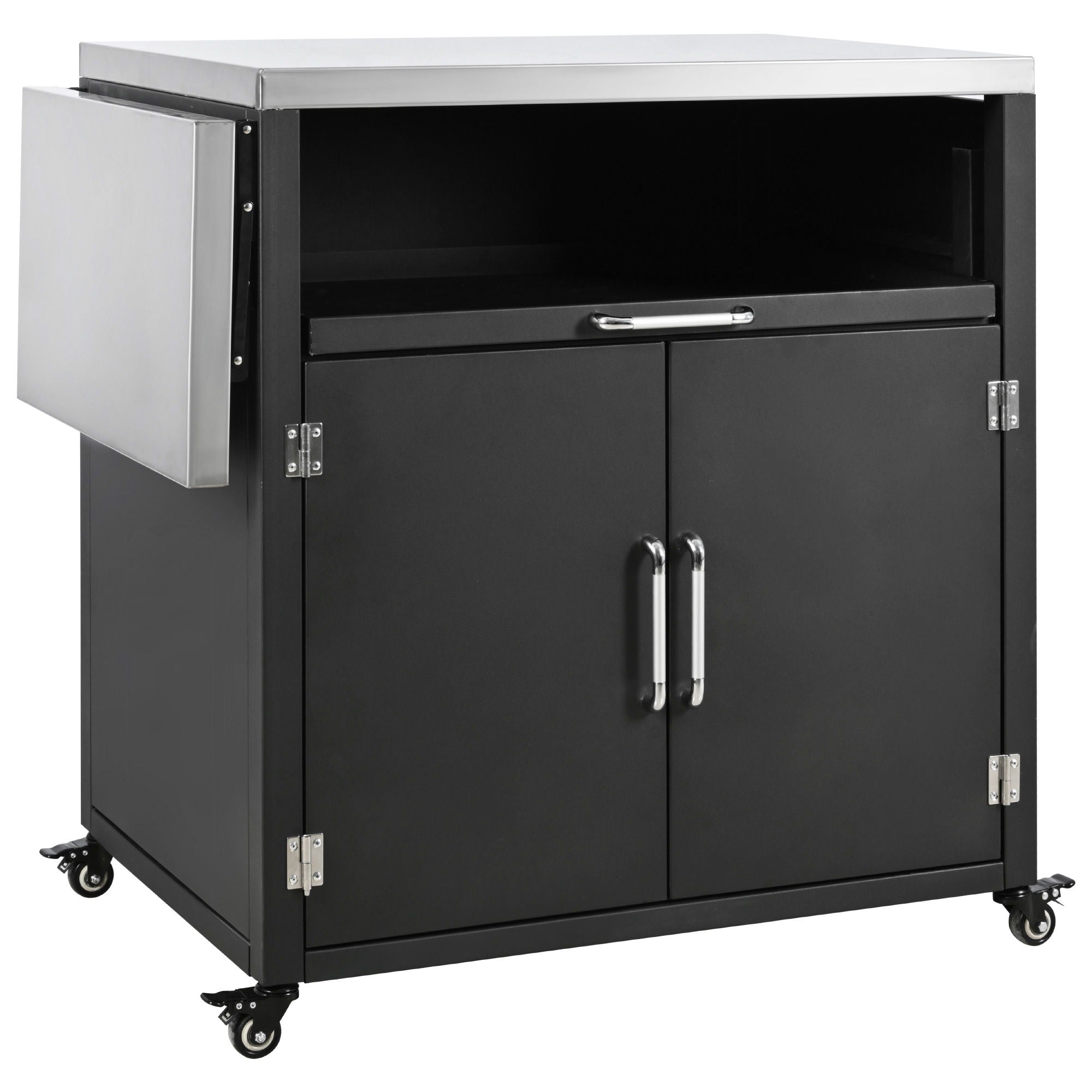 Versatile Outdoor Cabinet With Folding & Expandable Work Surfaces, Ample Storage Space, And Lockable Wheels - Matte Black