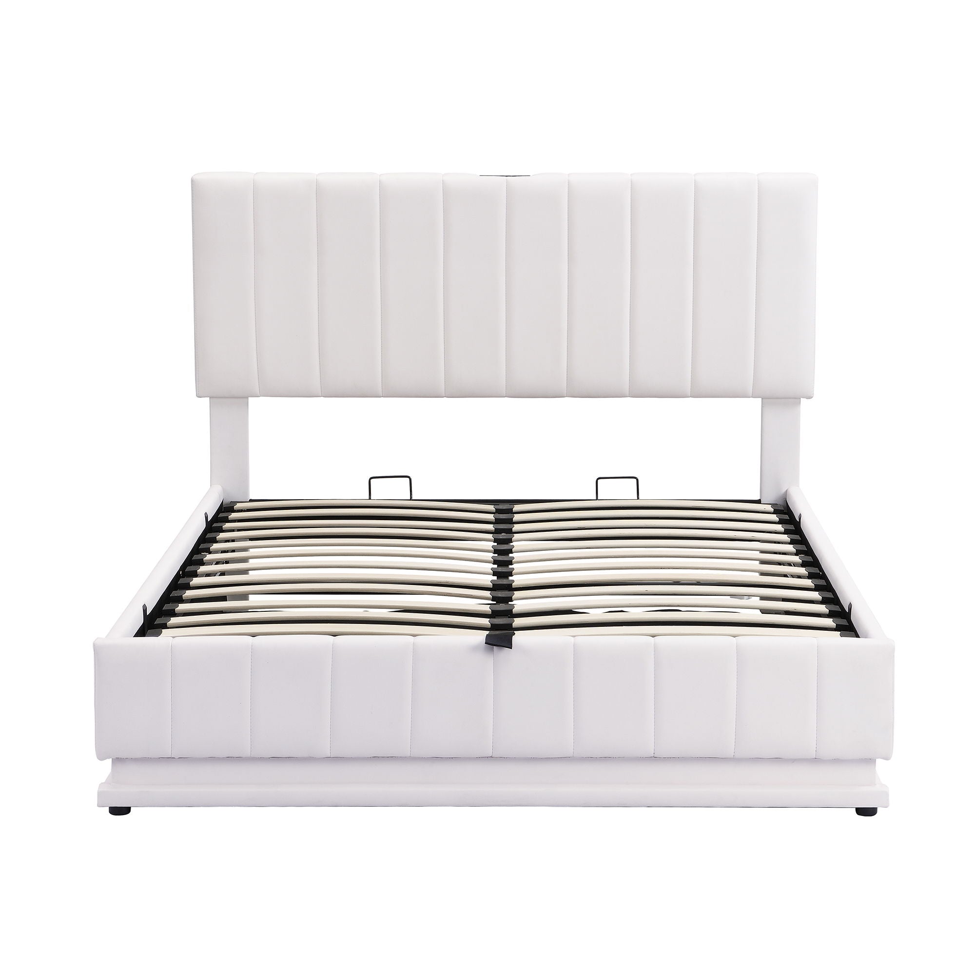 Upholstered Bed With Hydraulic Storage System And LED Light, With Sockets And USB Ports