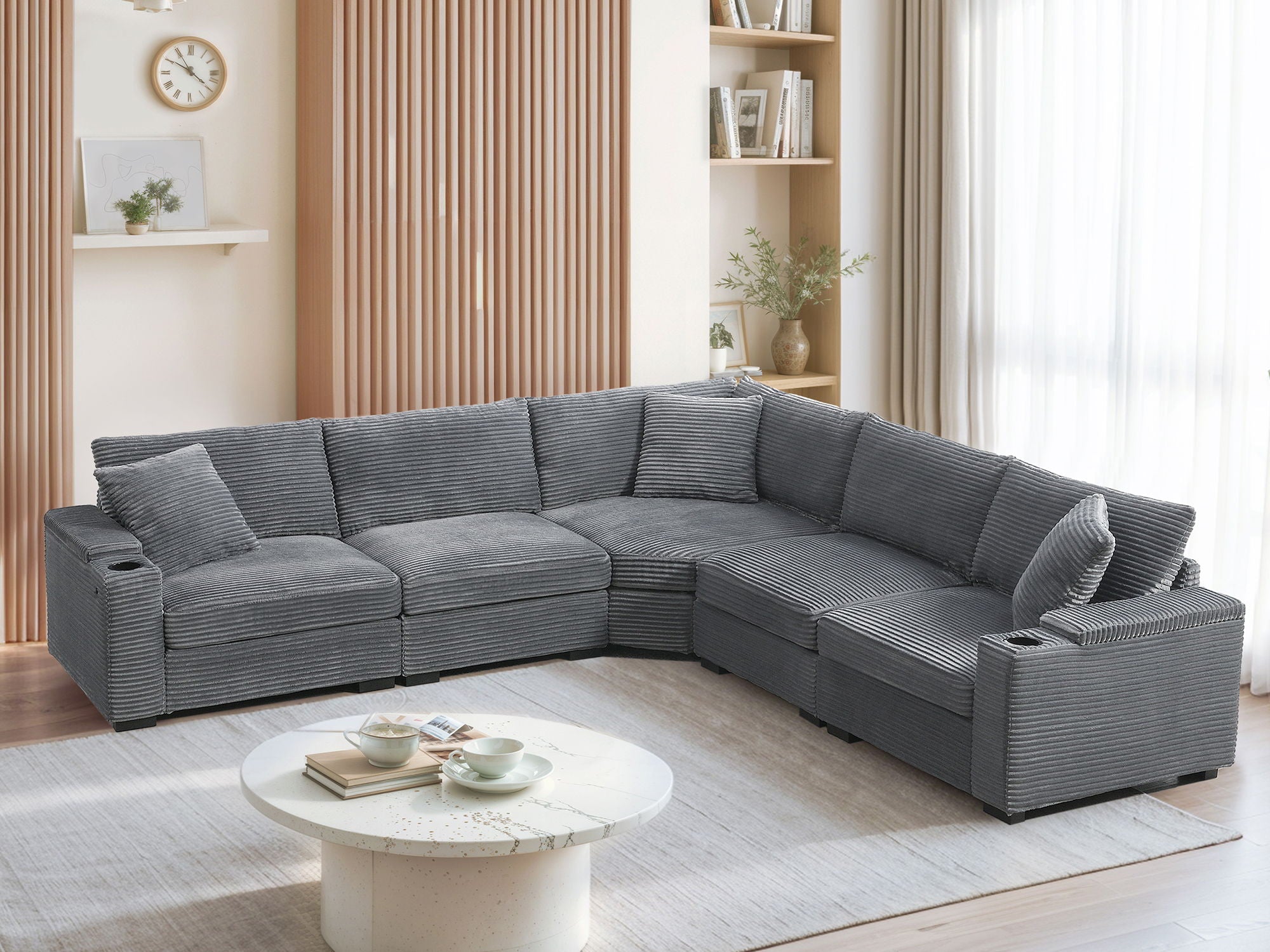 Convertible L Shaped Sectional Corner Couch With Armrest Storage Cup Holders USB Charger, Irregular Corner Oversized Comfy Modular Sofa