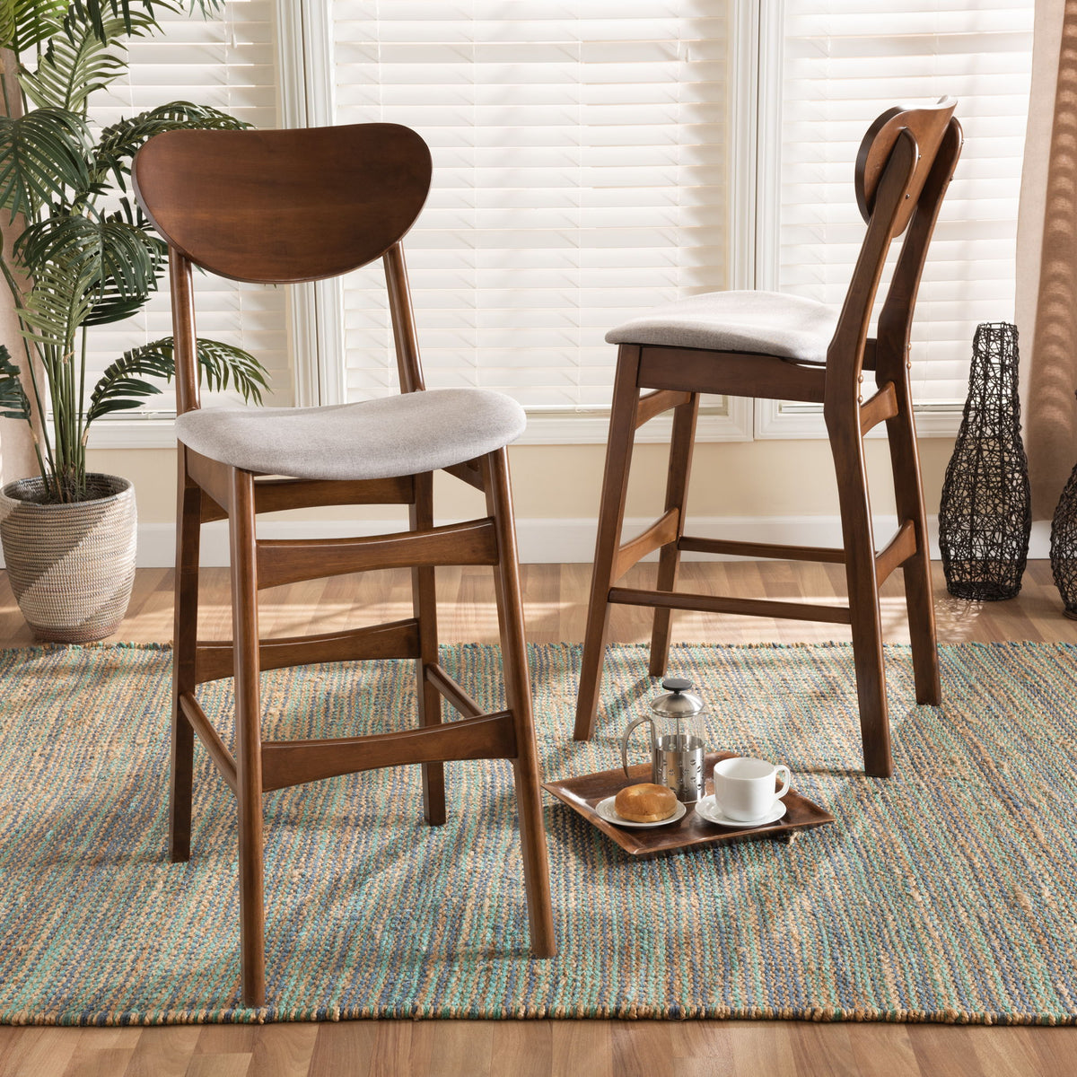 Katya Mid-Century Modern Grey Fabric Upholstered and Walnut Brown Finished Wood 2-Piece Bar Stool Set