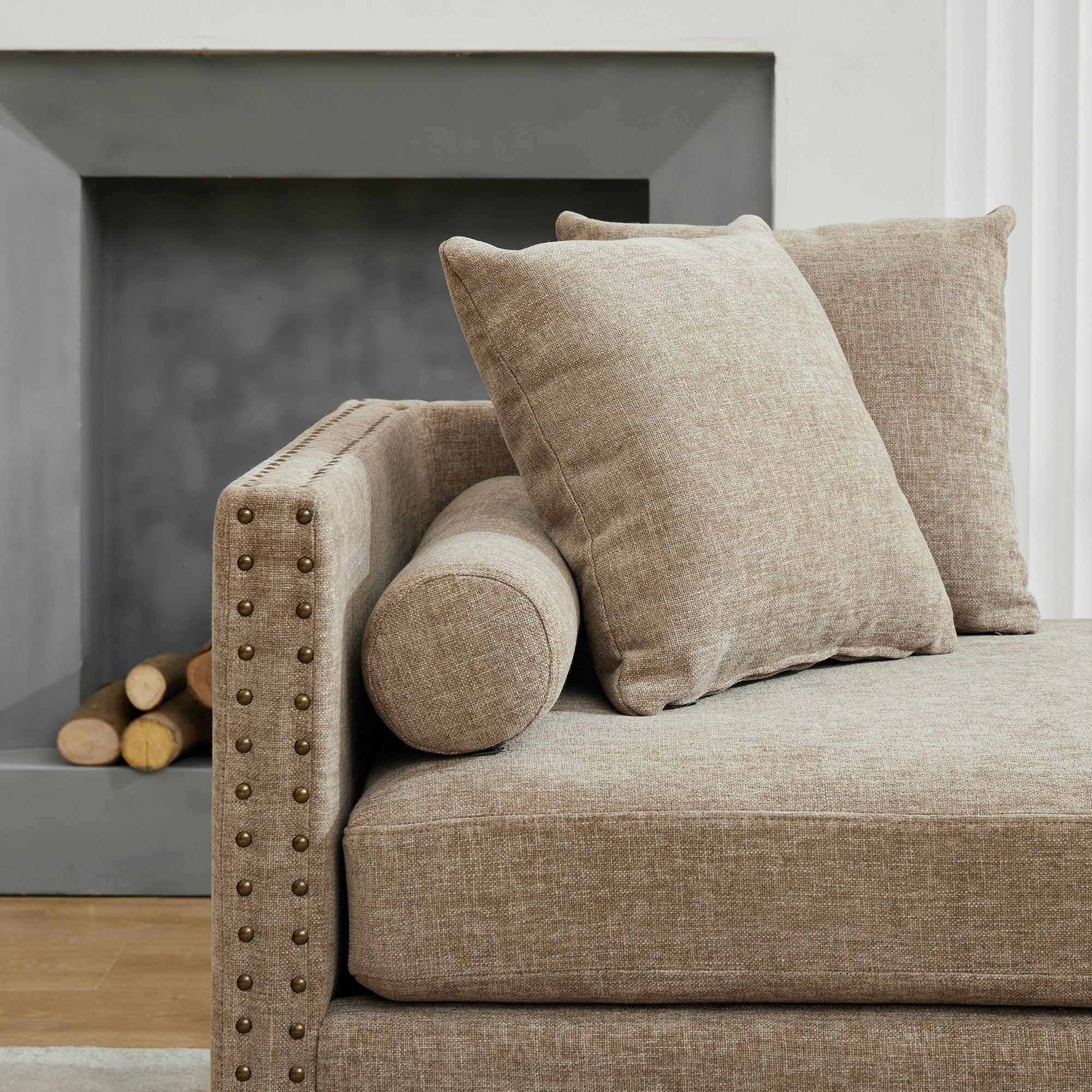 Upholstered Chaise Lounge Indoor With Nailheads, Sleeper Sofa Couch With 4 Throw Pillows & 2 Bolsters, Daybed With Rubberwood Legs