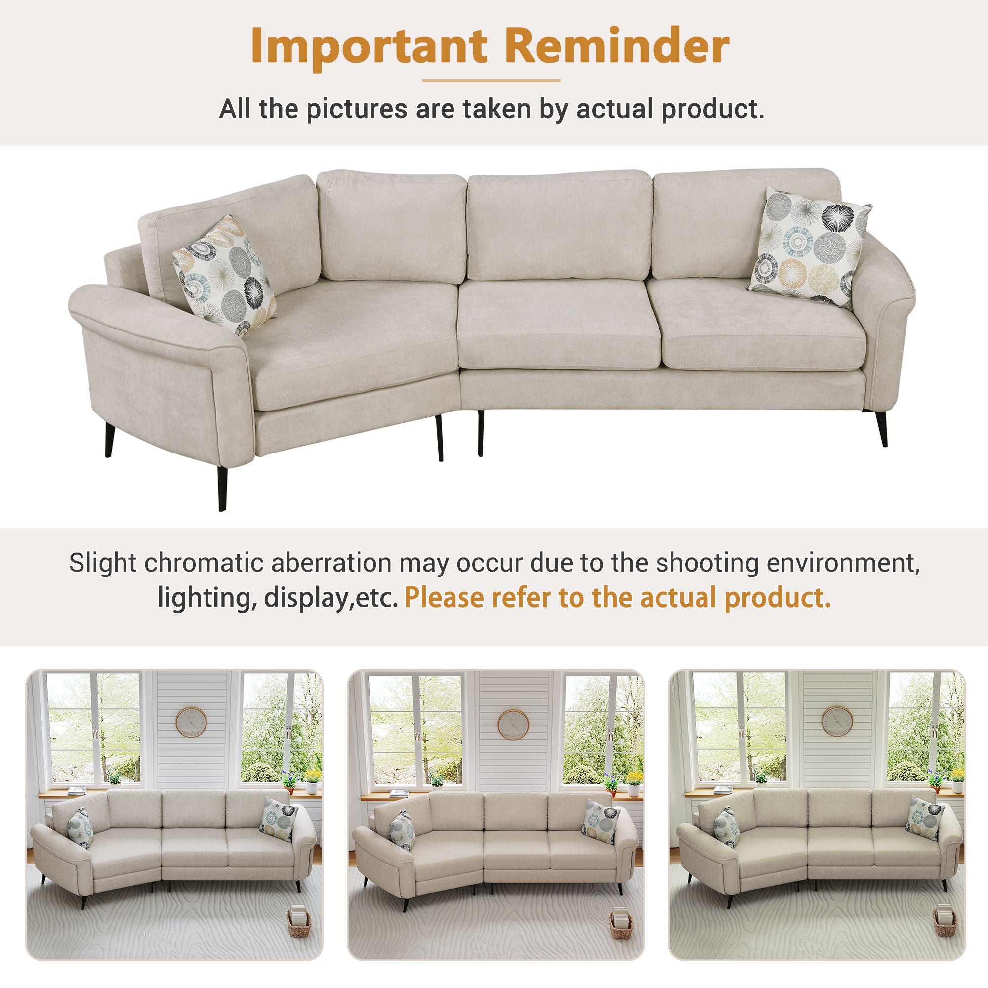 Upholstered 3 Seater Curved Sofa With Printed Pillows Chenille