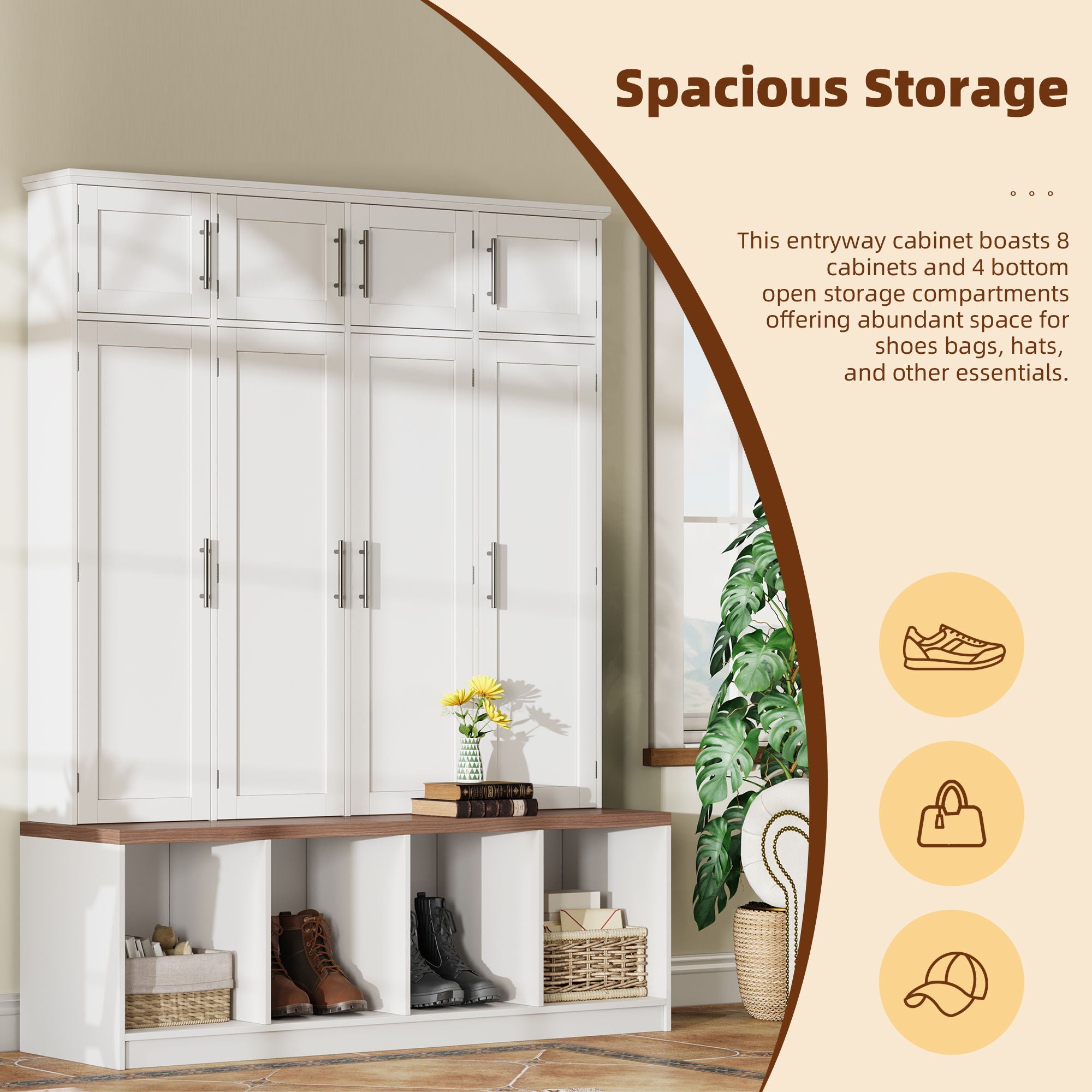 Farmhouse Hall Tree With 4 Hidden Hanging Hooks And 8 Doors